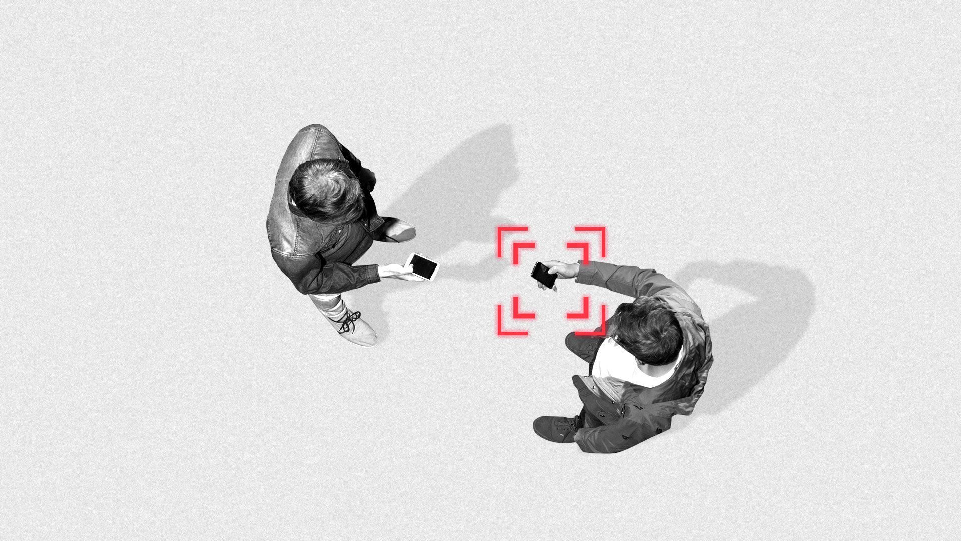 Illustration of two people holding phones with a target over one phone.