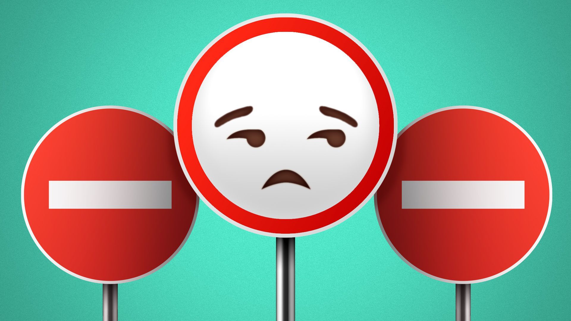 Illustration of three road signs; one has a bored expression.