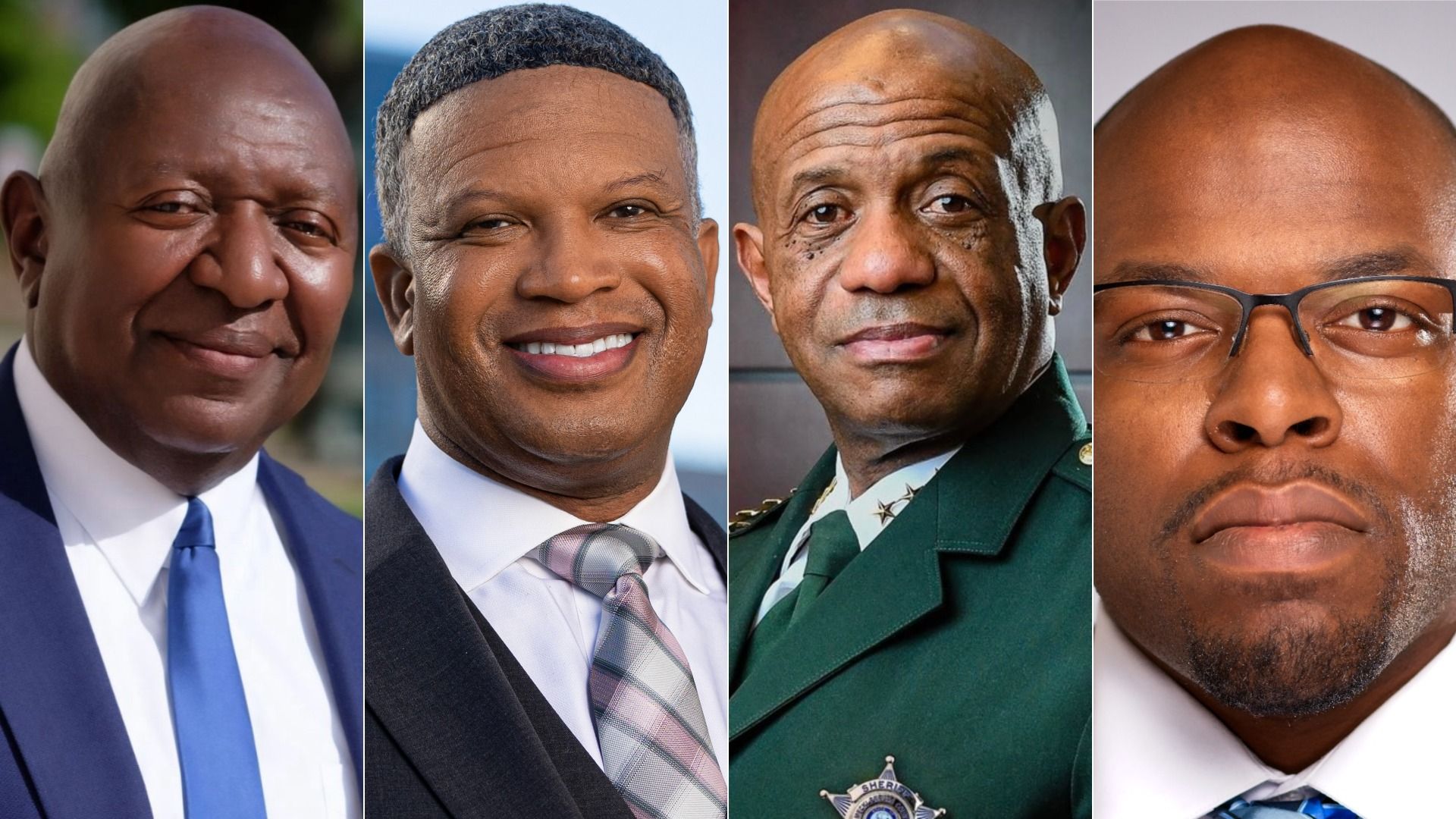 Four portraits of African American men: first in blue suit and tie, second in dark suit with pink-striped tie, third in green sheriff uniform, and fourth wearing glasses and a blue tie.