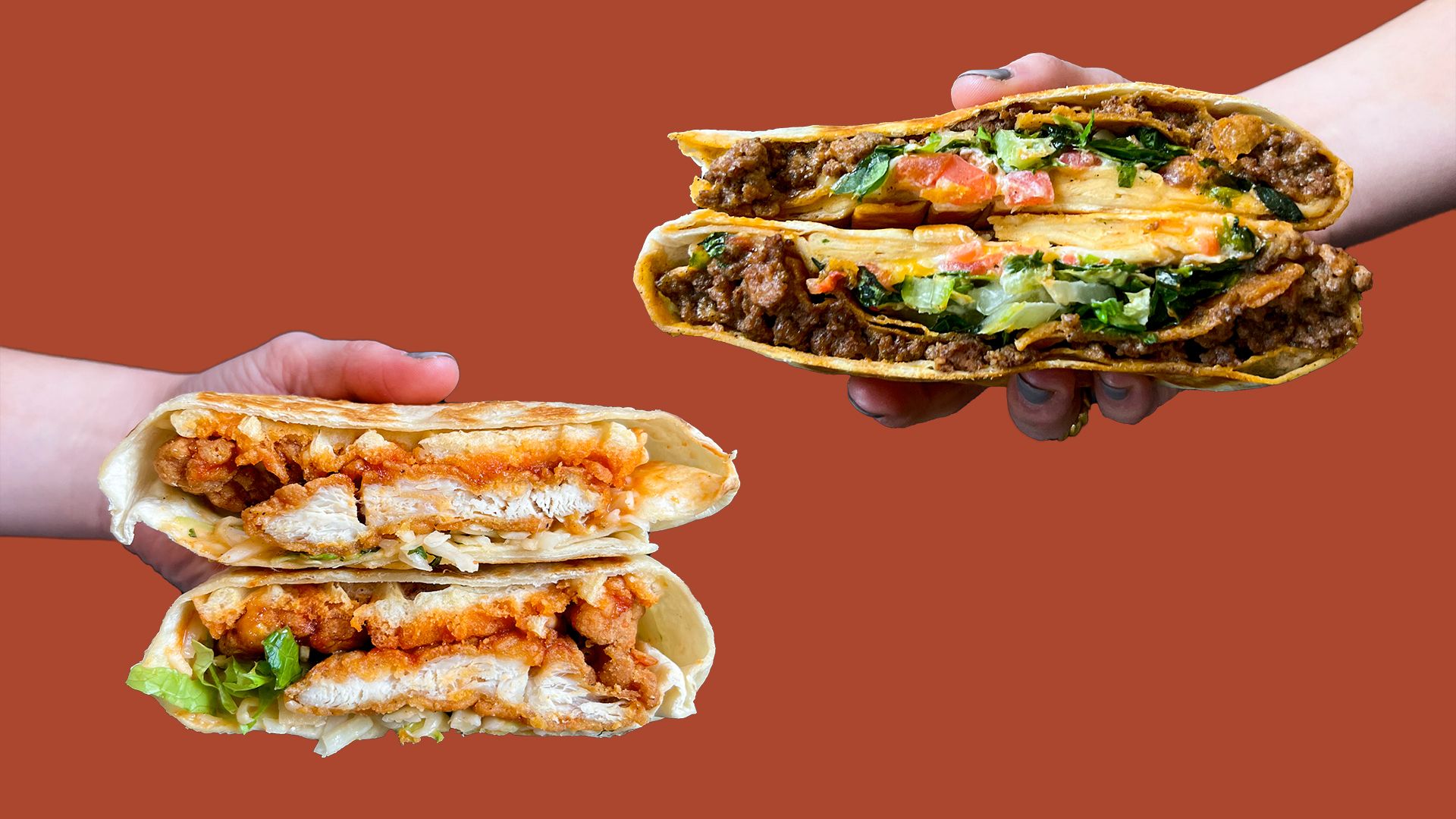 Two hands hold two crunch wraps.