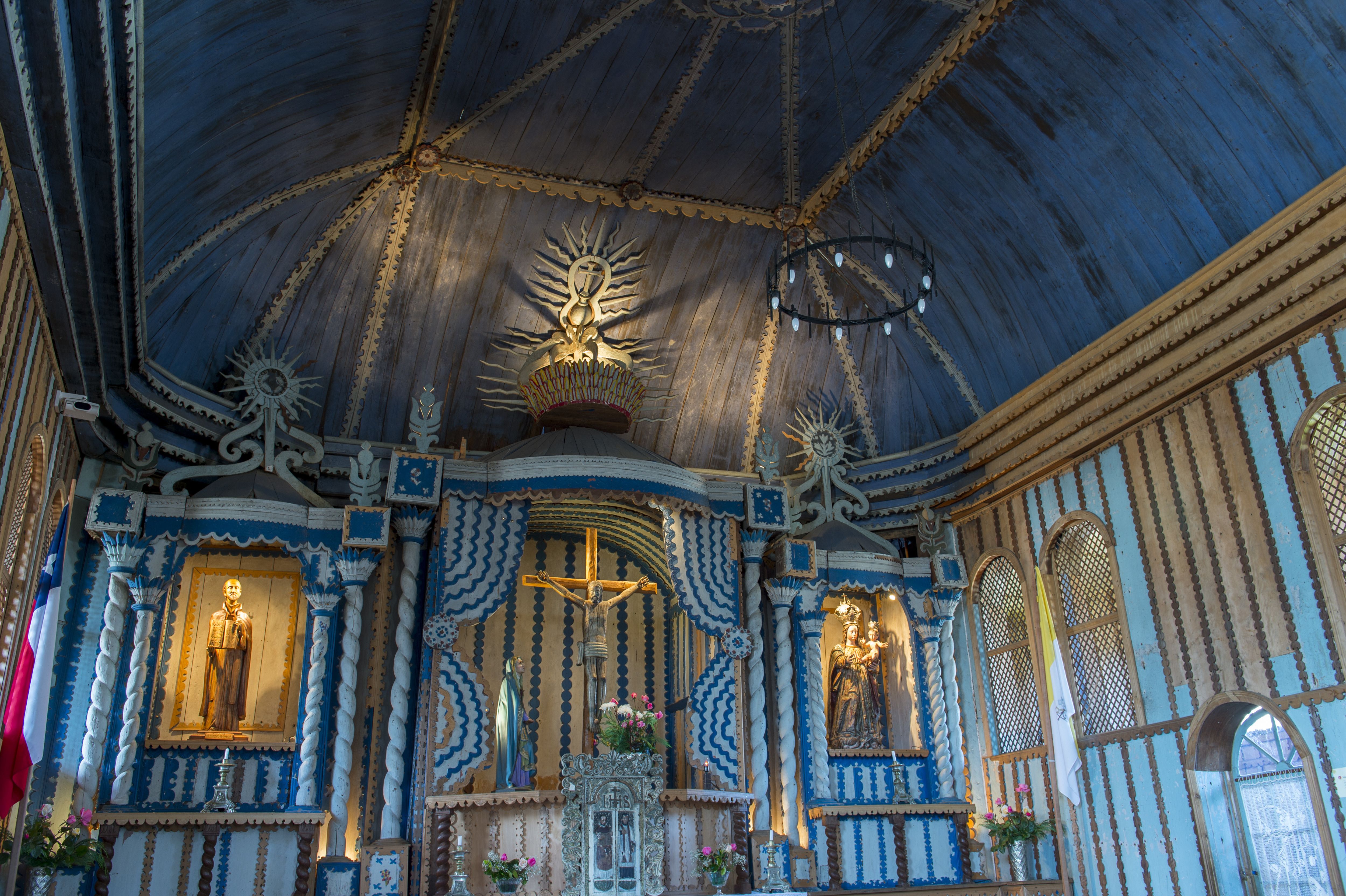 View of the altar of the wooden Church of Santa María de Loreto de Achao (built in 1730), a UNESCO World Heritage Site, in Achao on the island of Quinchao, Chiloe Island, Chile.