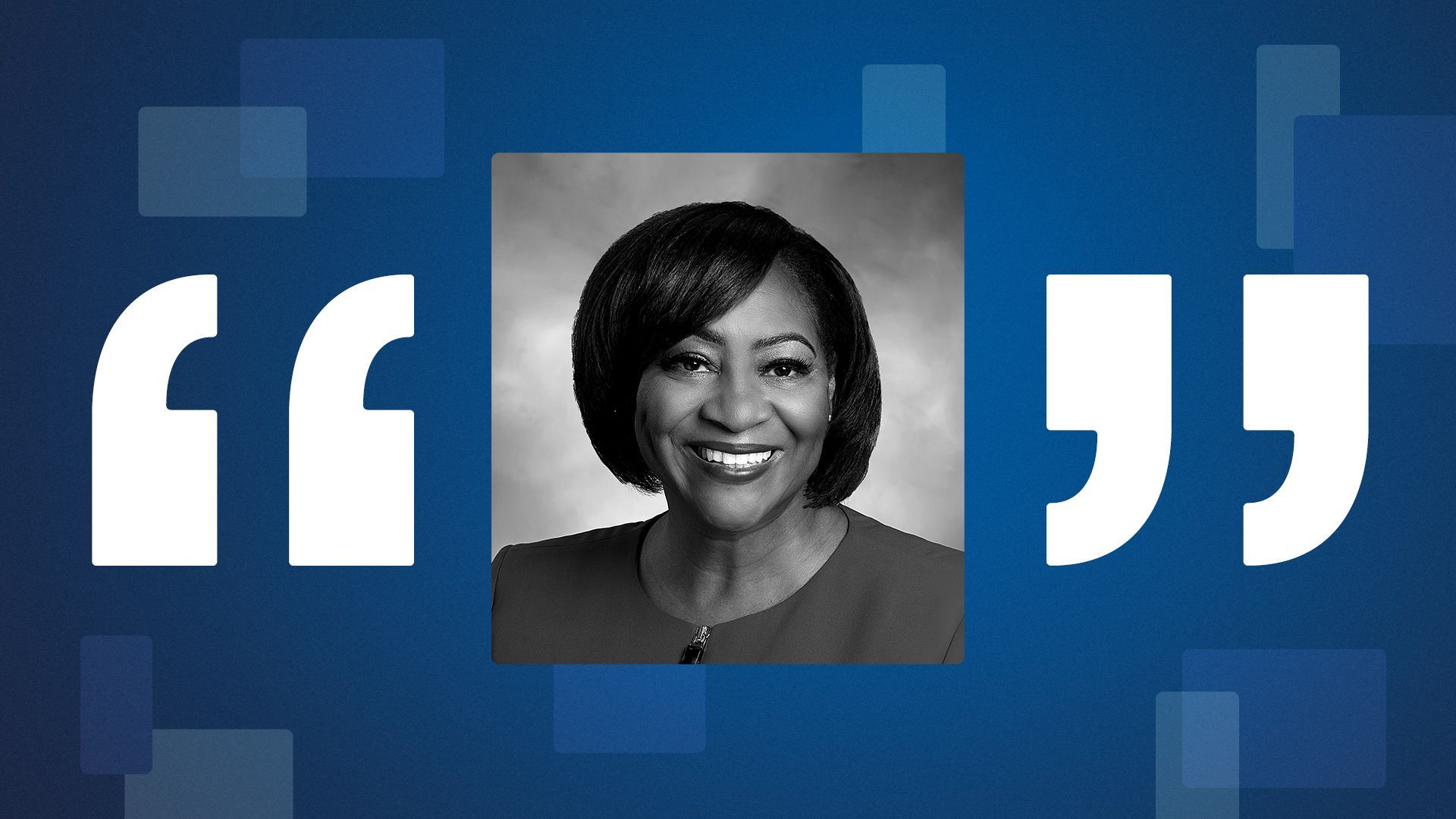 Photo illustration of La June Montgomery Tabron surrounded by quotation marks and abstract shapes.