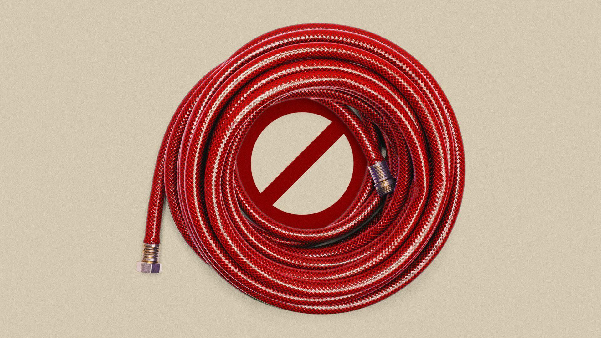 Illustration of a red garden hose coiled in a circle, forming a "no" symbol.