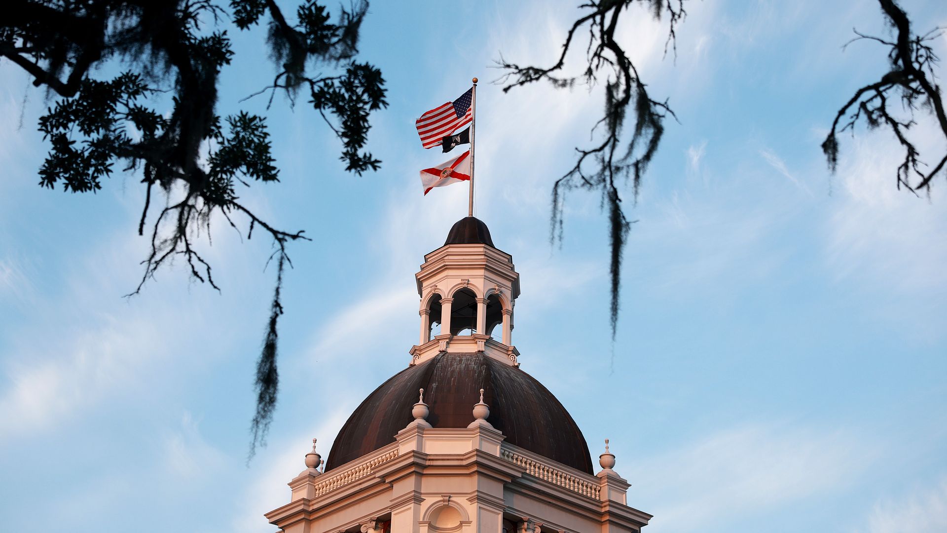 Image of the Florida Historic Capitol with the U.S. flag flying above the state flag. A tree is in the foreground.