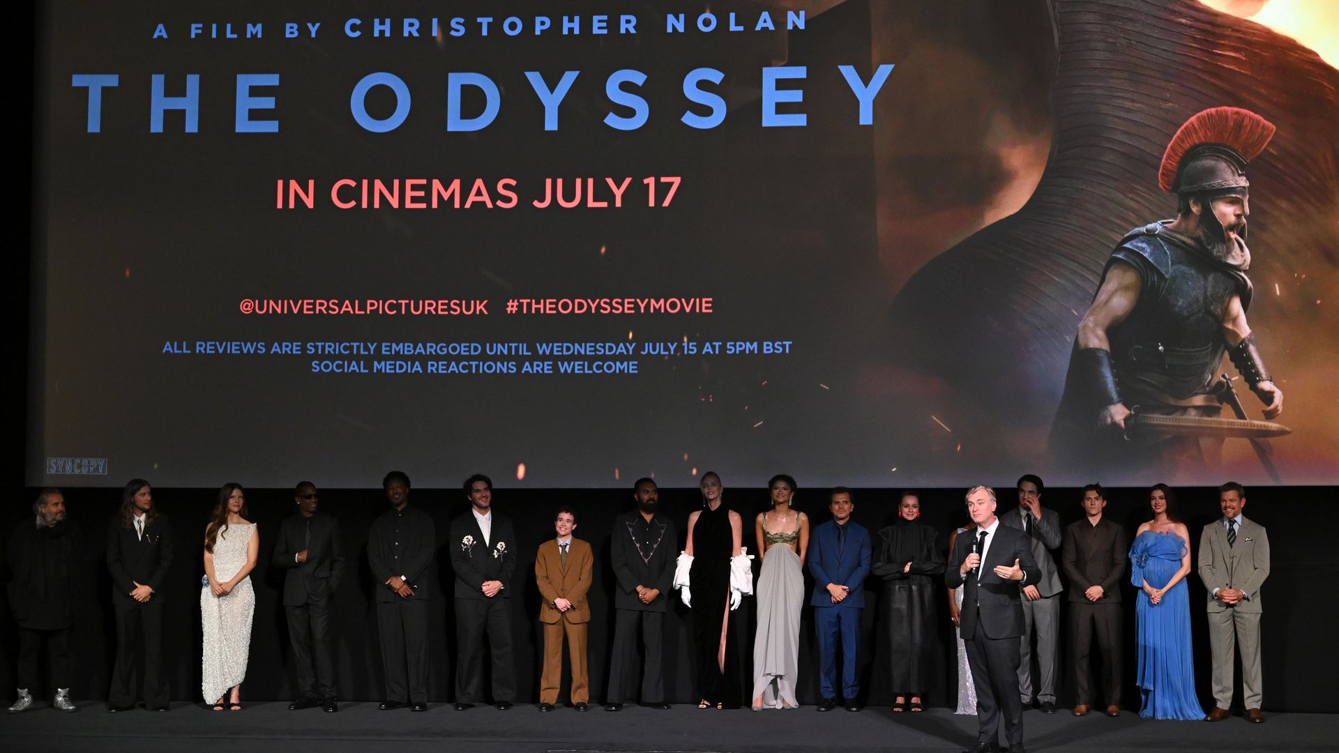 Christopher Nolan speaks onstage during 'The Odyssey' London Premiere at Odeon Luxe Leicester Square on July 06, 2026 in London, England.