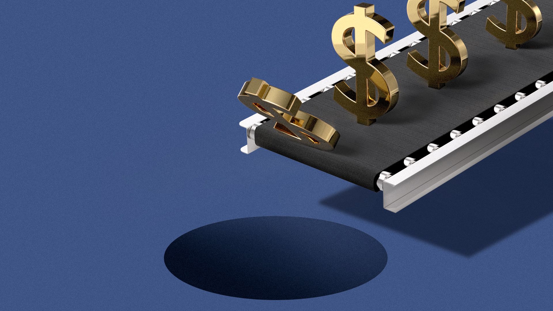 Illustration of gold dollar signs on a black conveyor belt, with one dollar sign falling off the edge toward a dark circular hole in the ground.