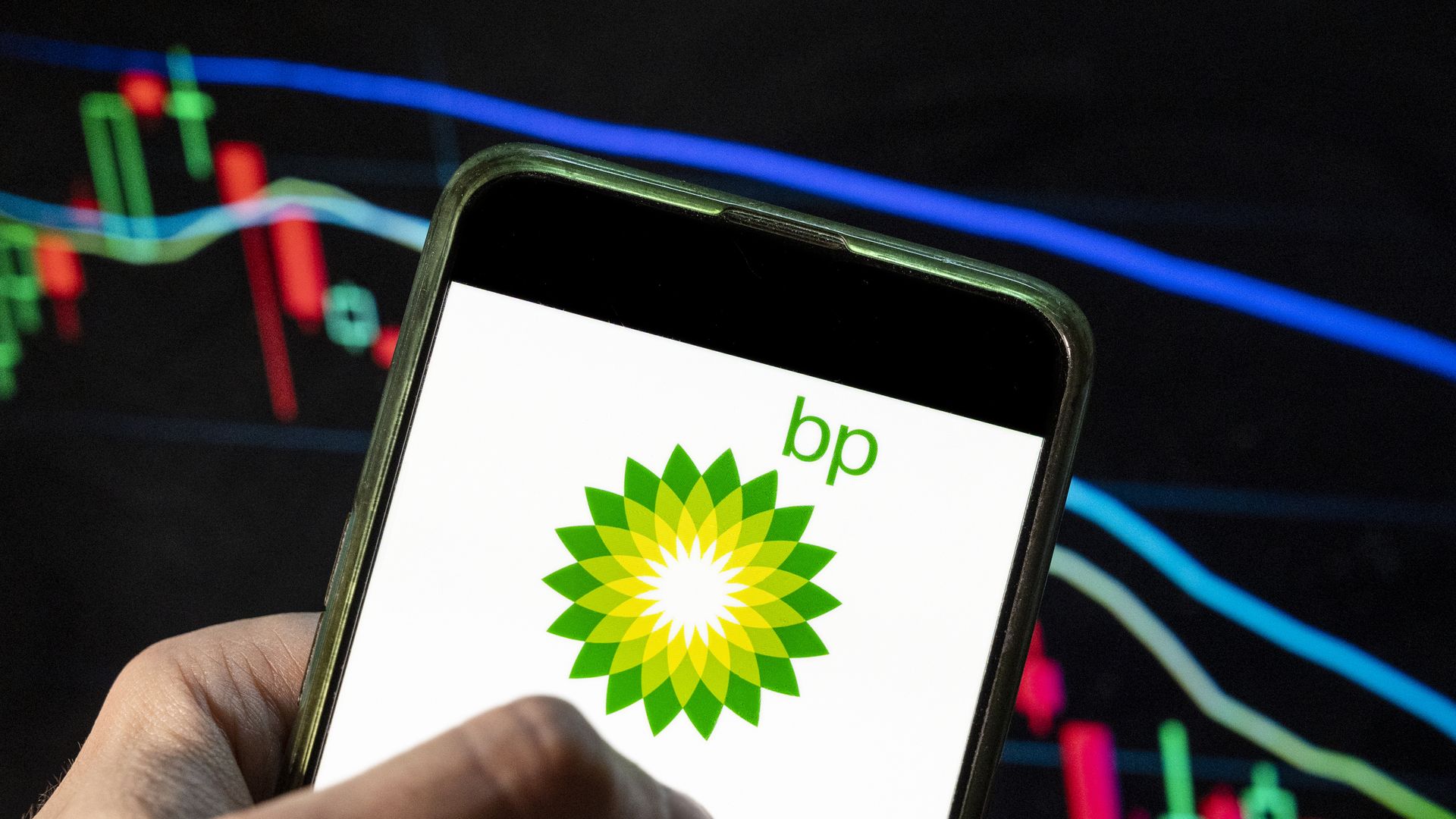 Photo of the BP logo on a smart phone.
