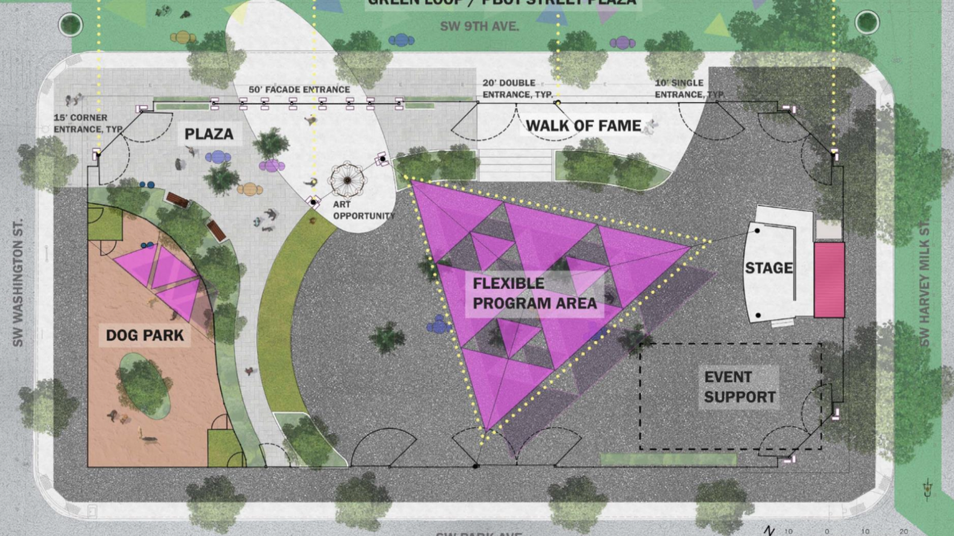 An illustration shows the layout of Darcelle XV Plaza park in downtown Portland.