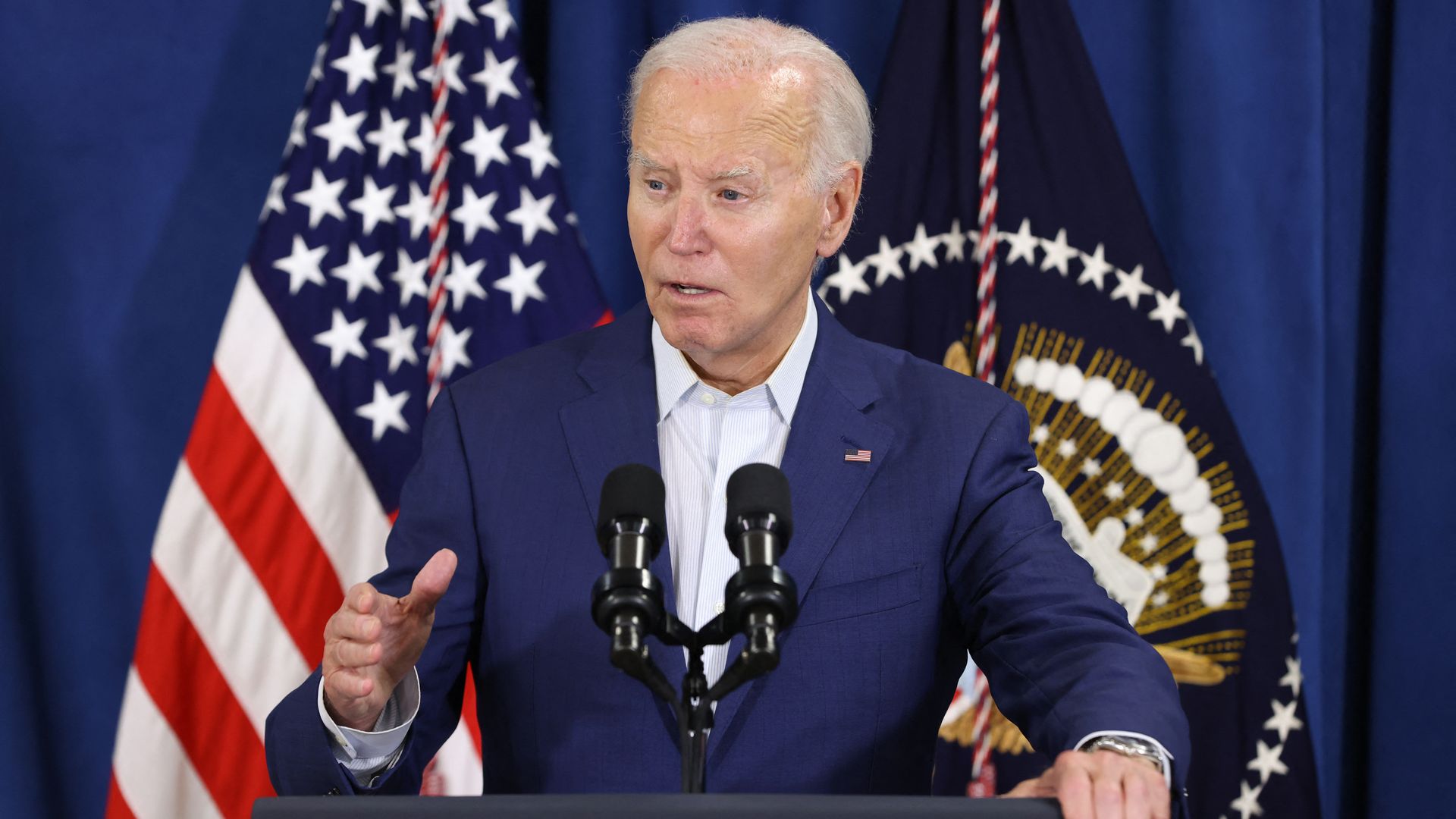 US President Joe Biden speaks after his Republican opponent Donald Trump was injured following a shooting at an election rally in Pennsylvania, at the Rehoboth Beach Police Department, in Rehoboth Beach, Delaware, July 13, 2024.