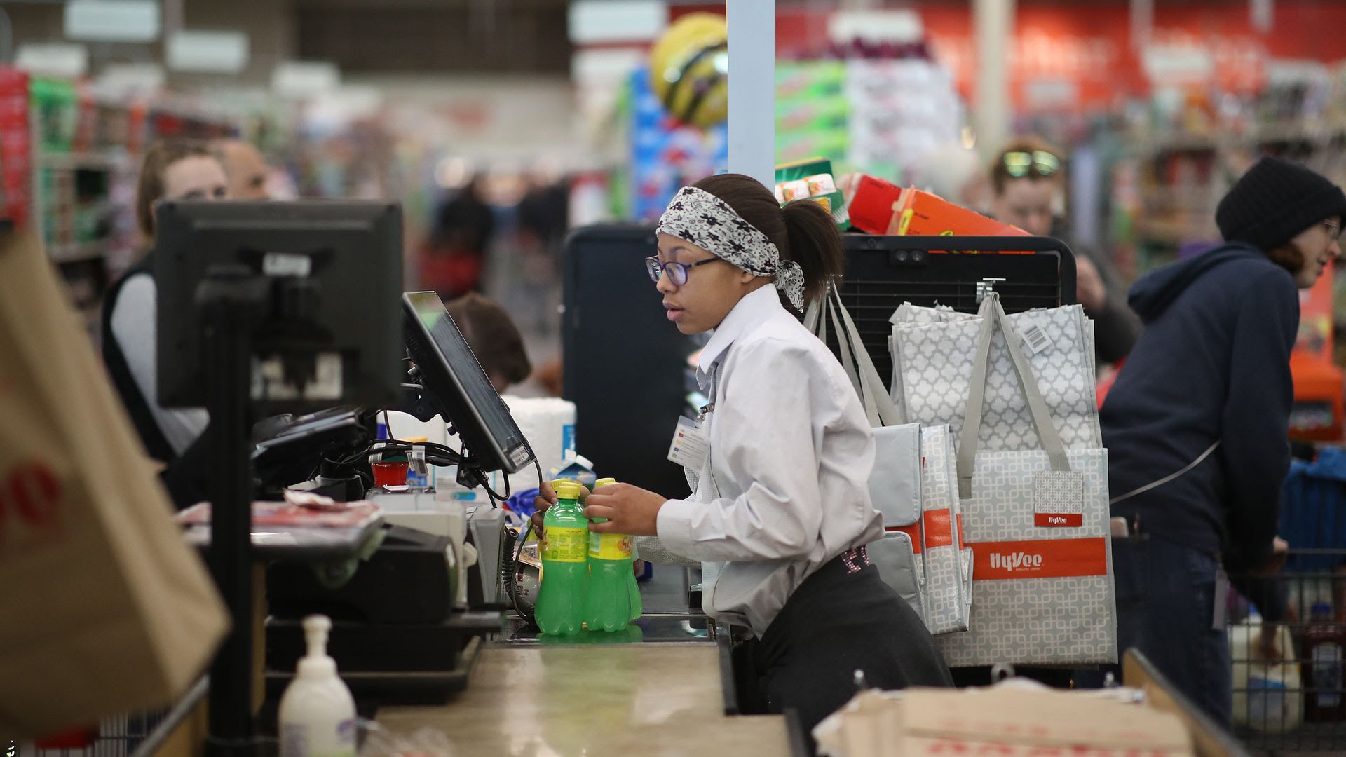 A cashier at Hy-Vee.