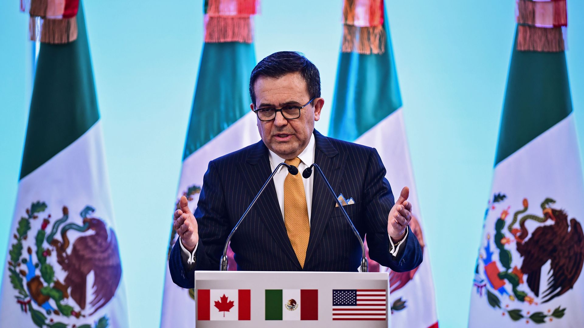 Mexican economic minister speaking to media