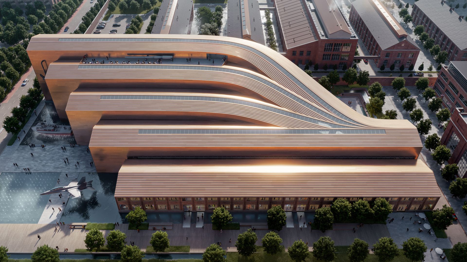 A rendering of a building with five curved wings to it. 