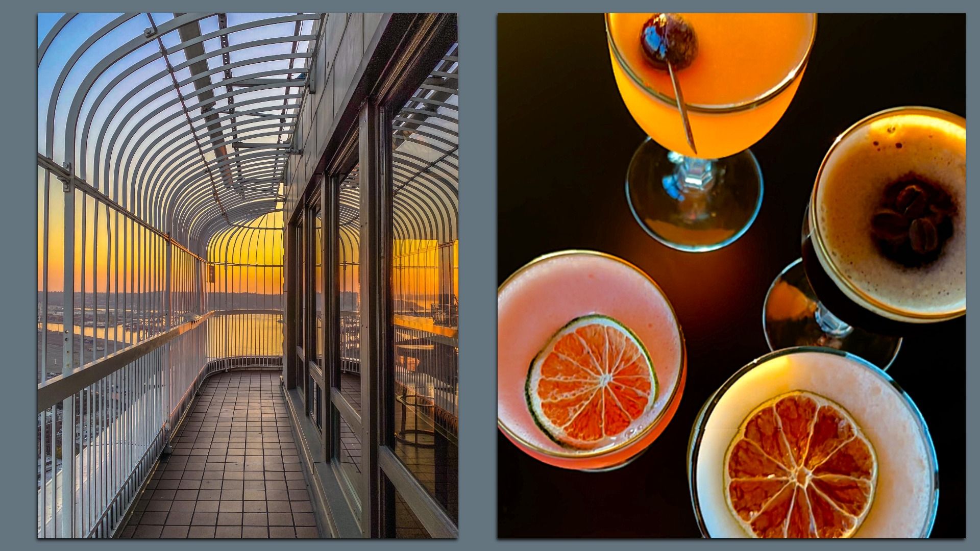 A view from the Smith Tower observatory alongside a photo of four featured mocktails. 