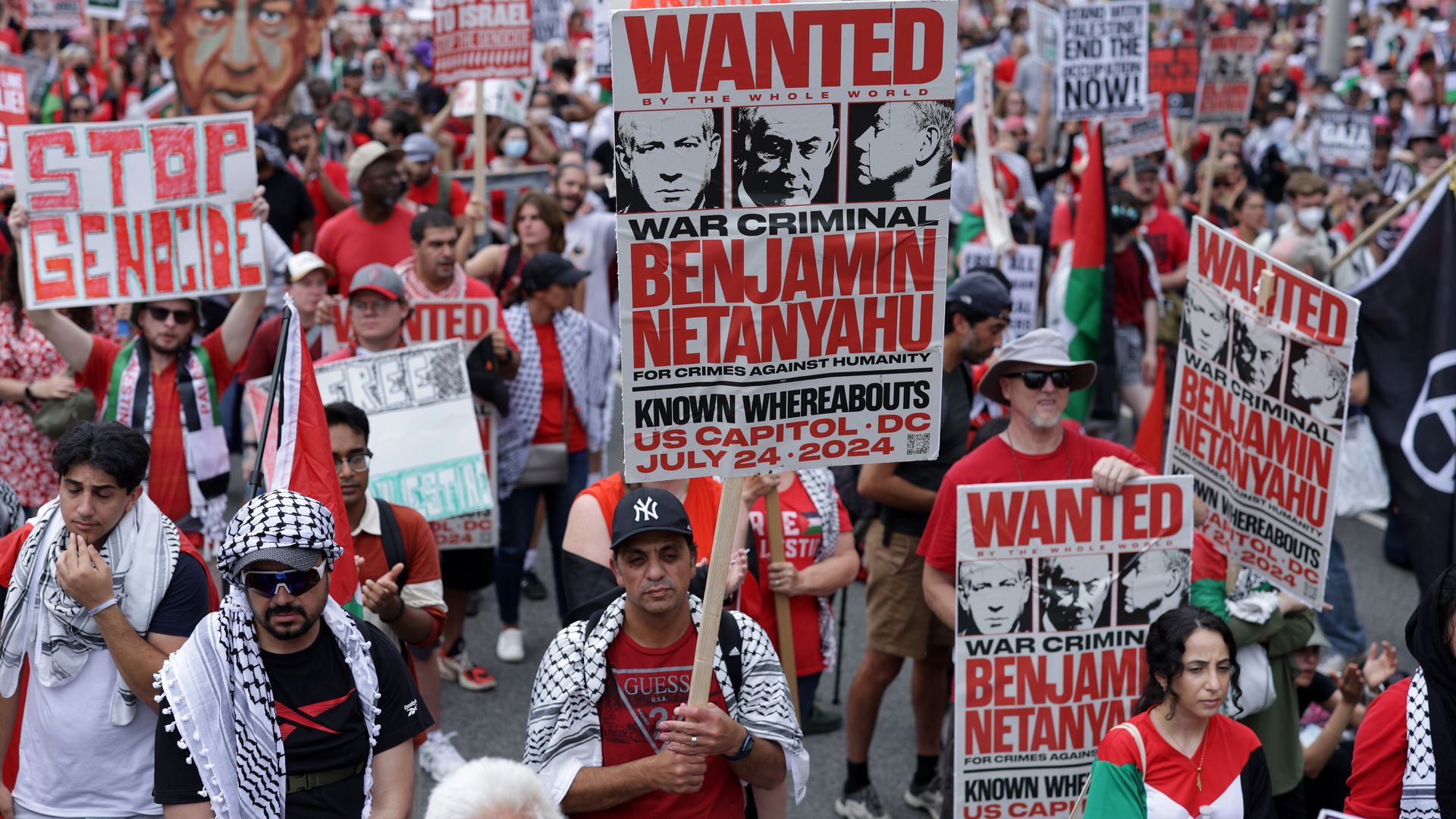Activists participate in a pro-Palestinian protest near the U.S. Capitol on July 24, 2024 in Washington, DC. Activists staged multiple demonstrations near the Capitol to protest Prime Minister Benjamin Netanyahu's visit to Washington DC and Israel's war in Gaza.