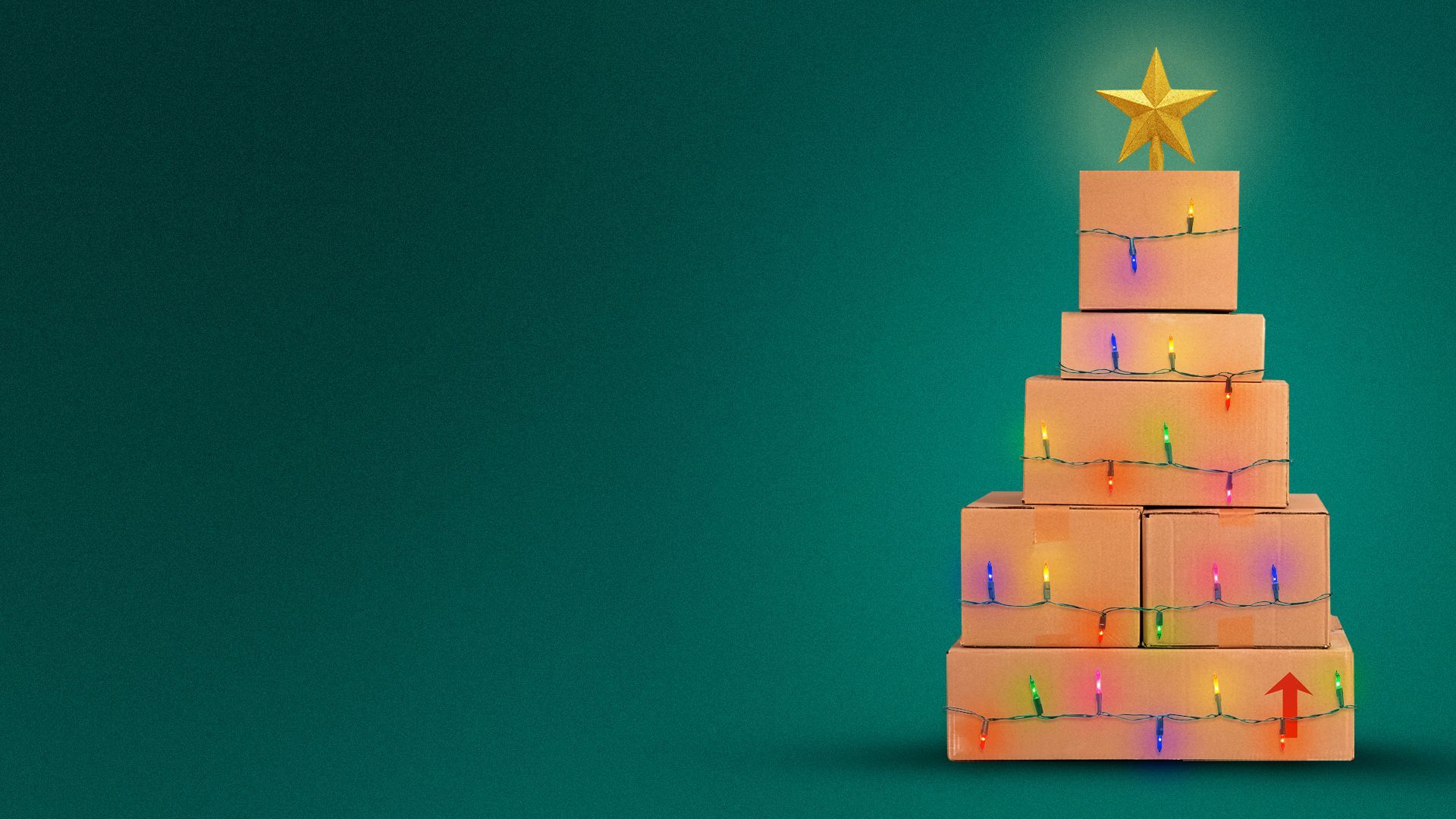 Illustration of a Christmas tree made from packages, complete with string lights and a glowing star.  