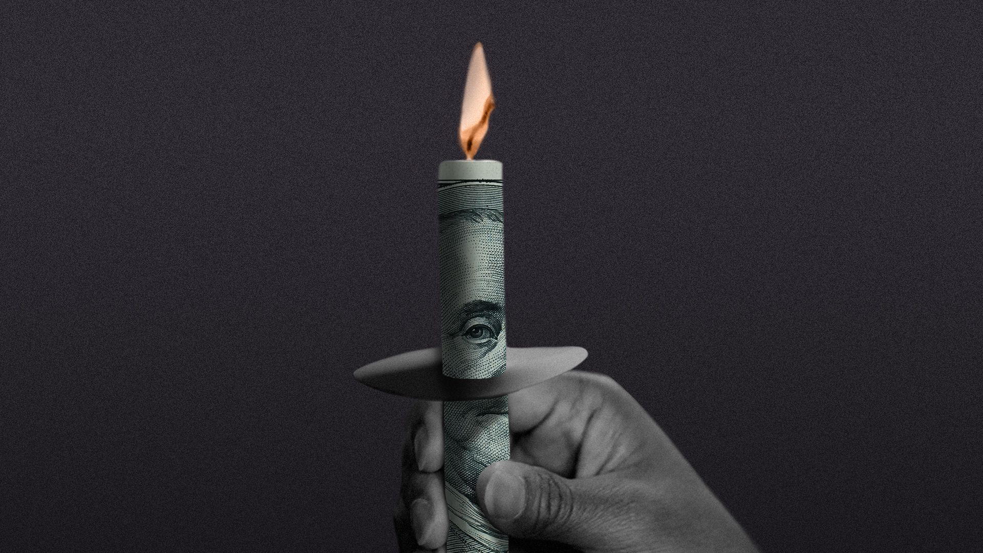 Illustration of a hand at a vigil holding a candle wrapped in a $100 bill.