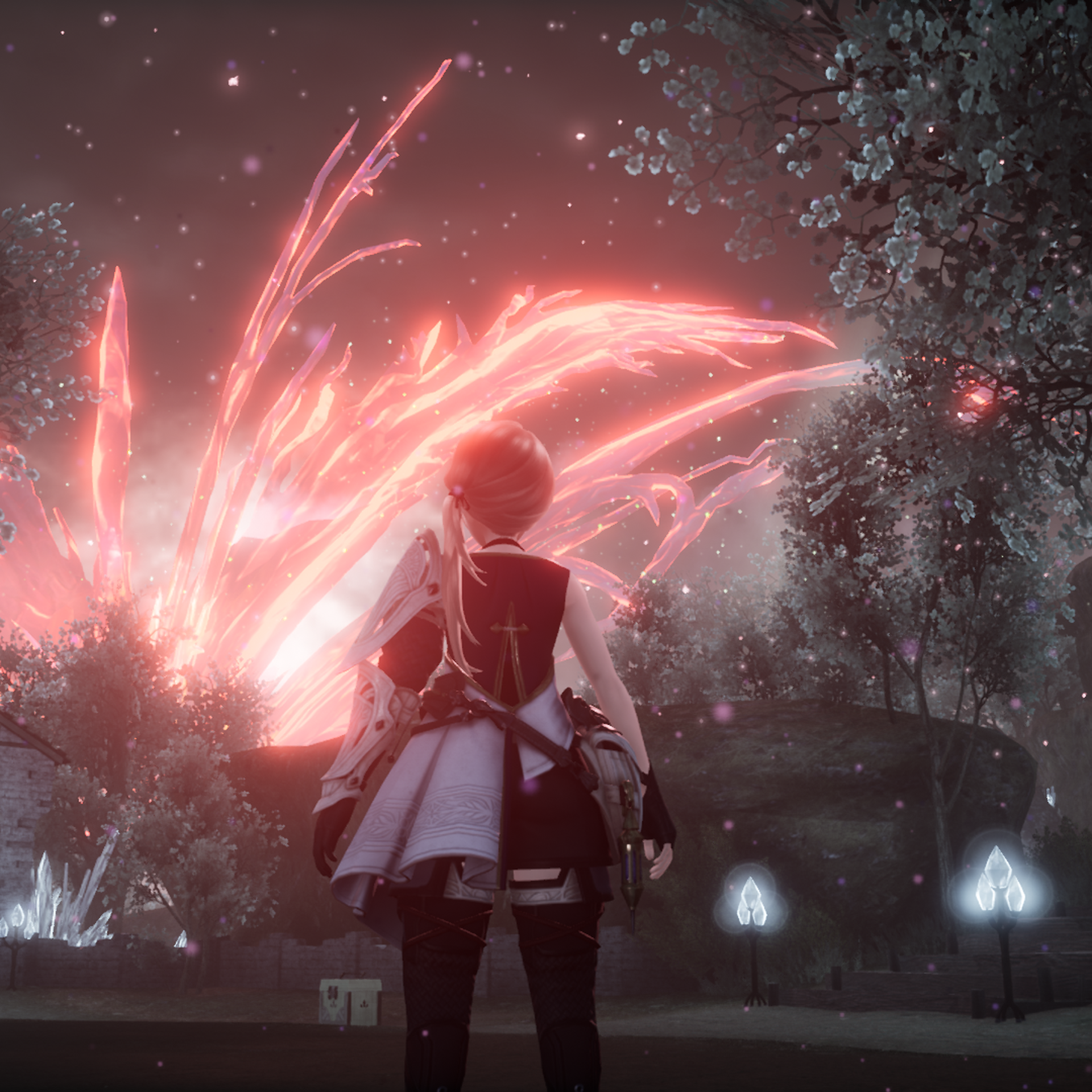 Video game screenshot of a person in a medieval-style village at night, while large magical red flames shoot into the sky