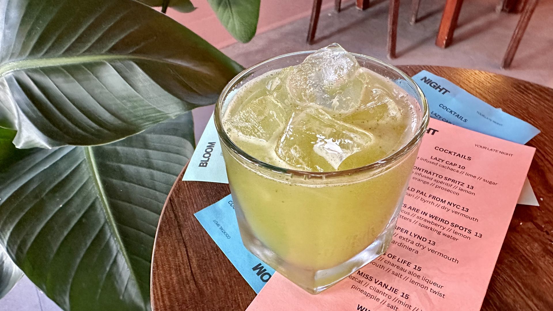 Photo shows a greenish cocktail on a table with some greenery behind it.