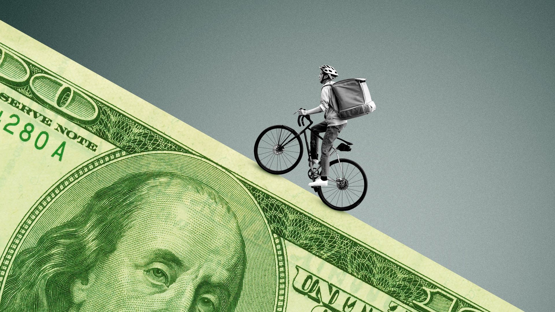 Illustration of a gig worker on a bicycle riding up the side of a hundred dollar bill that's been tilted to mimic a steep slope. 