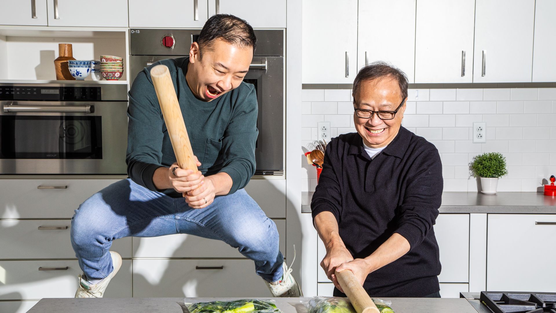 two guys smashing cucumbers