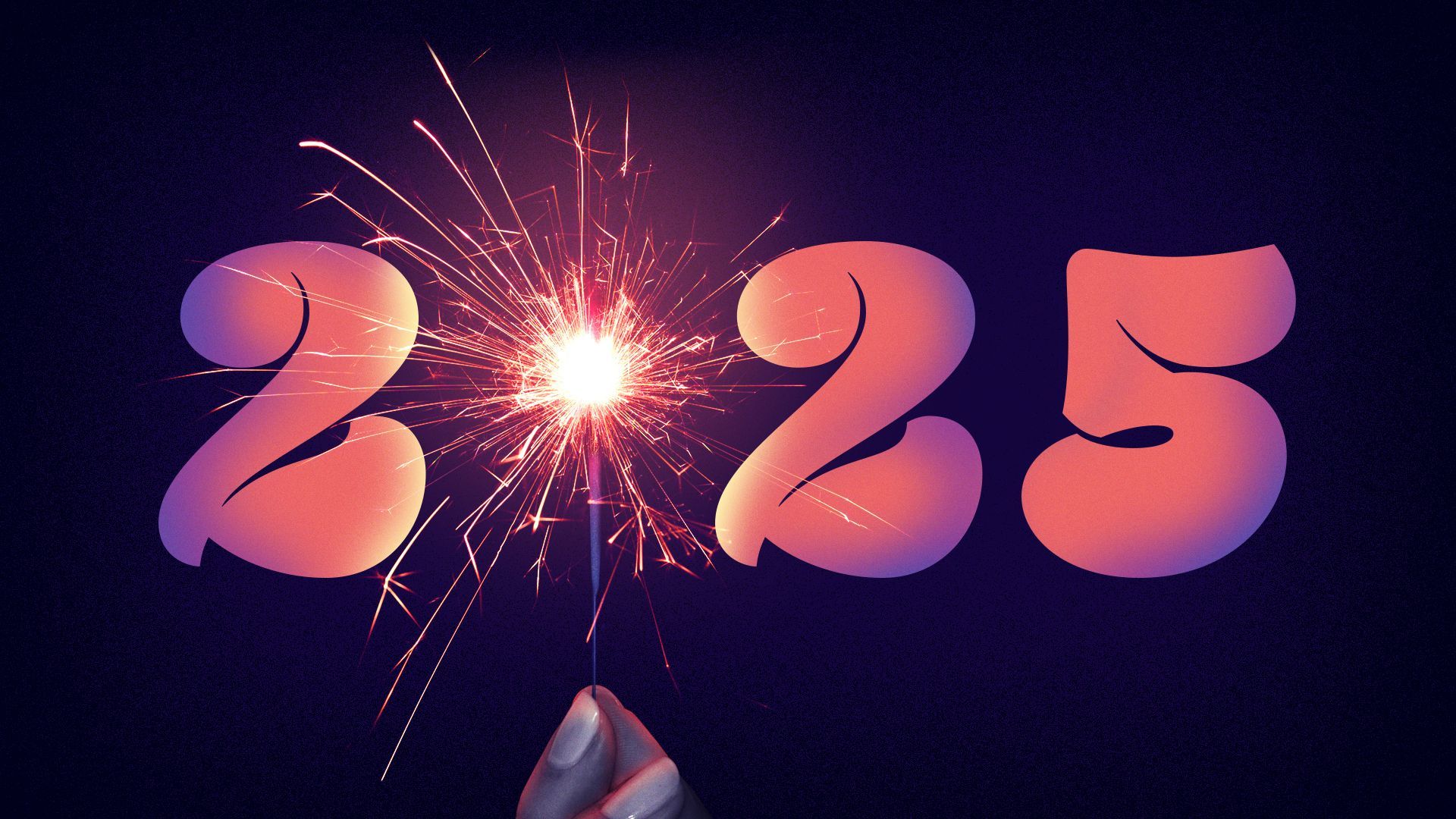 Illustration of the year 2025, with a hand holding up a sparkler in the place of the 0.