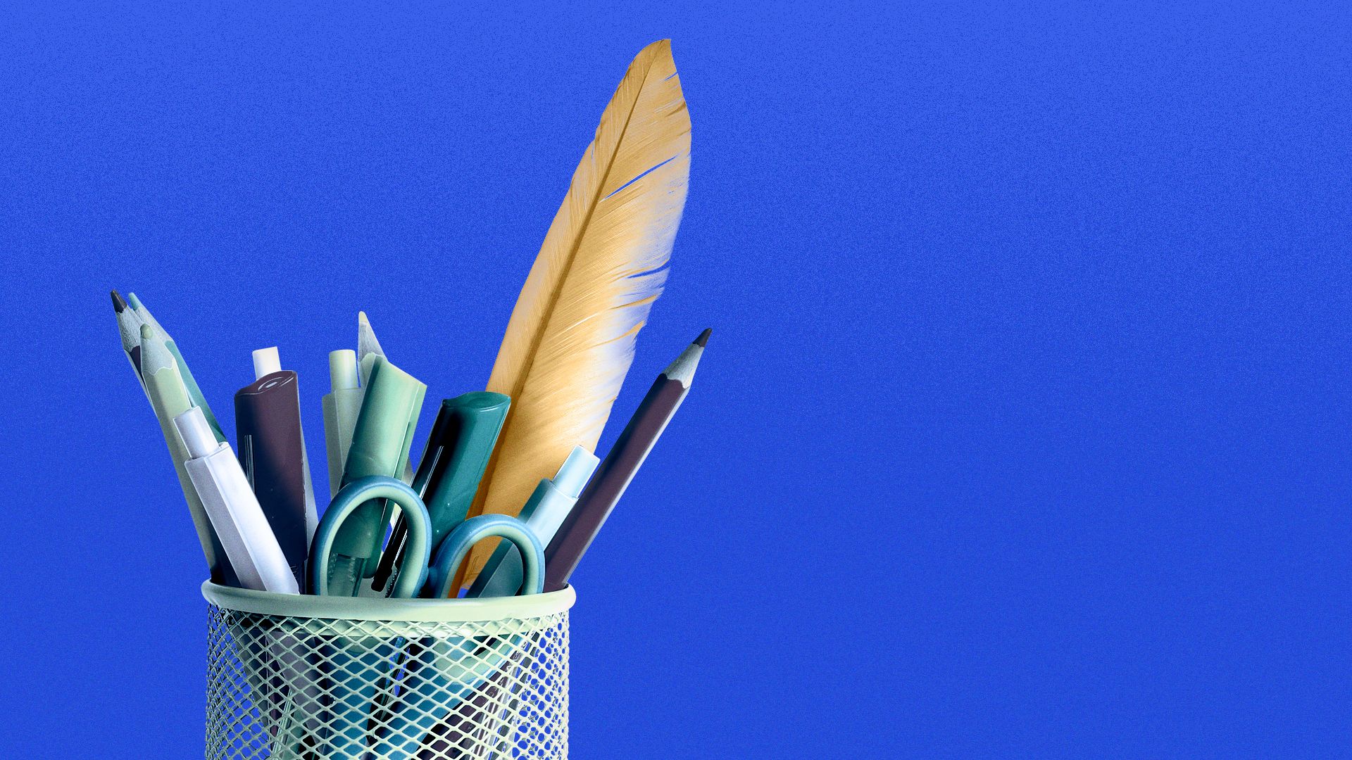 Illustration of a cup full of pencils, pens, and a feather quill. 