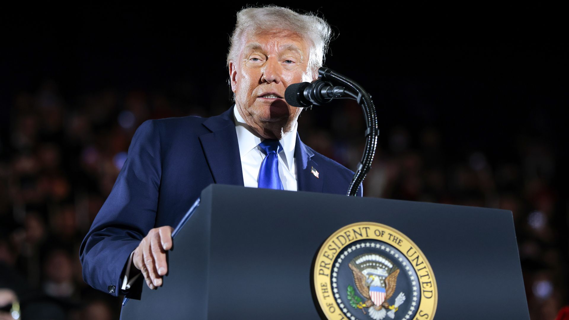 U.S. President Donald Trump delivers remarks to graduating students at the Coleman Coliseum at the University of Alabama on May 01, 2025 in Tuscaloosa, Alabama. Trump's remarks come the day before commencement ceremonies. (Photo by Anna Moneymaker/Getty Images)