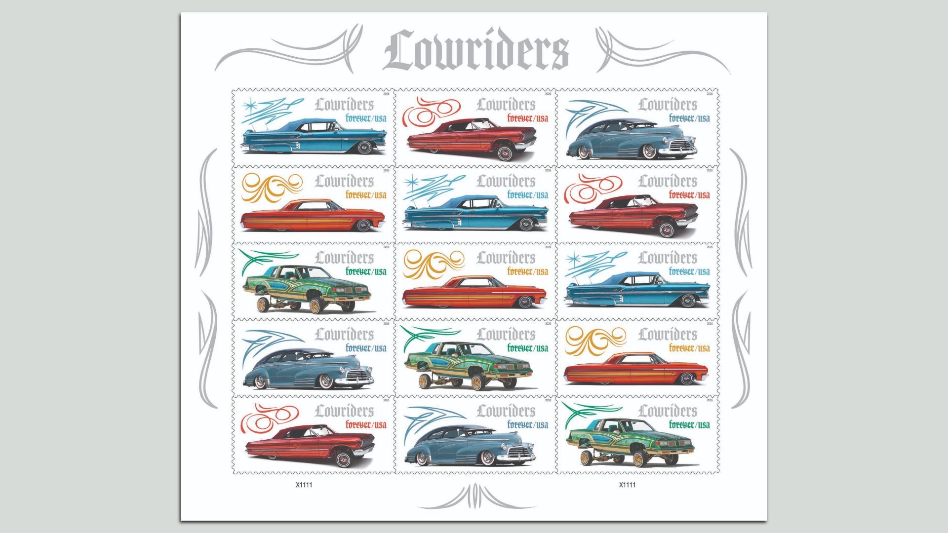 Sheet of stamps titled "Lowriders", showing colorful classic lowrider cars with decorative swirls, arranged in a grid, each stamp labeled "forever/USA".