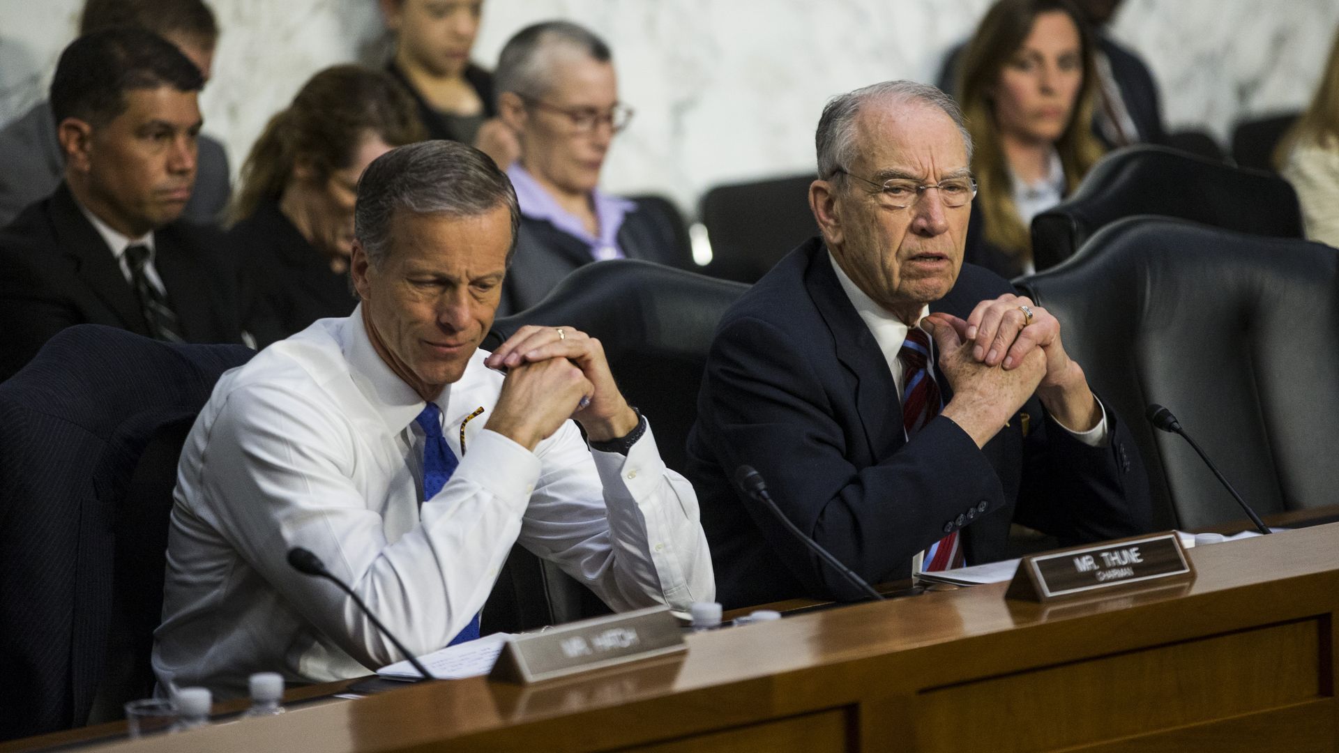 U.S. Sen. Chuck Grassley (R-IA) (R) speaks as Sen. John Thune (R-SD) looks on after Facebook co-founder, Chairman and CEO Mark Zuckerberg testified before a combined Senate Judiciary and Commerce committee hearing in 2018