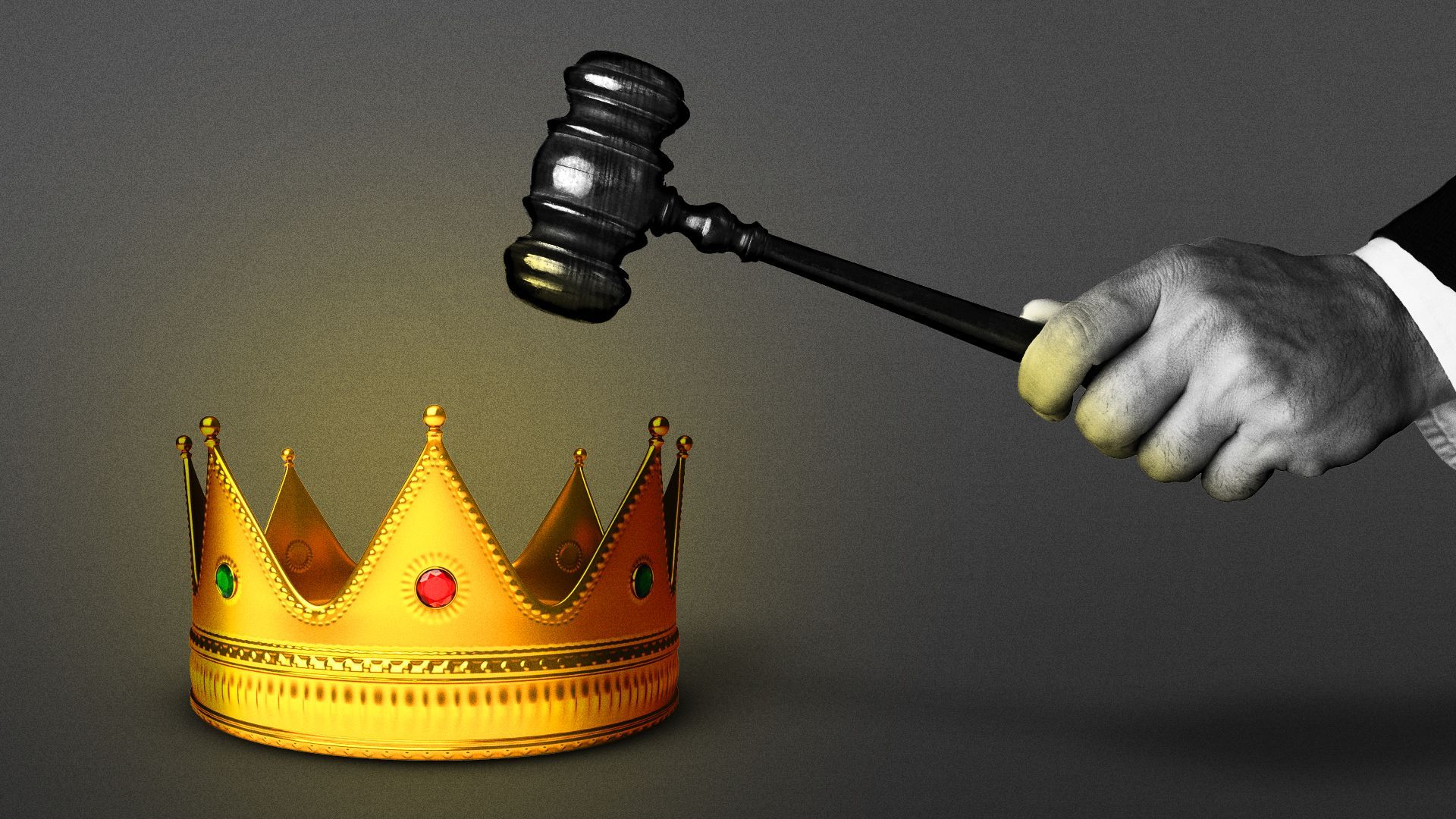 Illustration of a gavel coming down on a glowing crown.