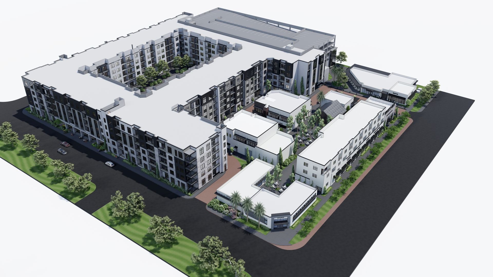 A rendering showing an apartment complex and retail shops.