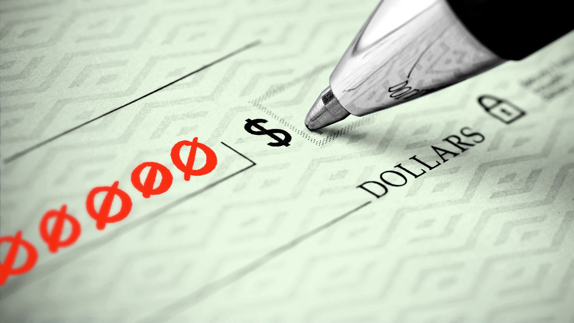 Illustration of a pen filling out a check and having written several red no symbols on it.