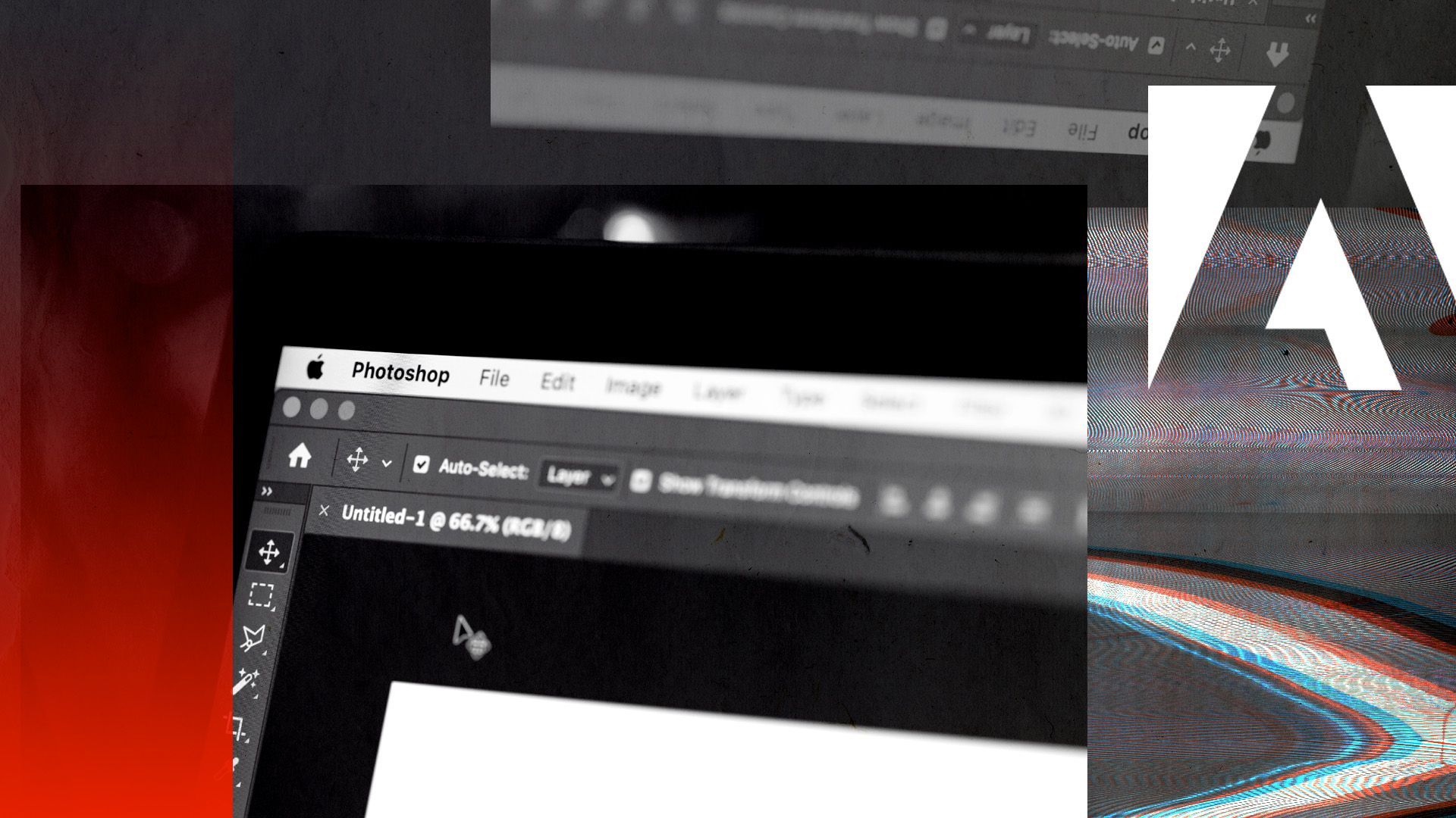 Illustration of a laptop screen showing Photoshop surrounded by glitchy shapes and the Adobe logo. 