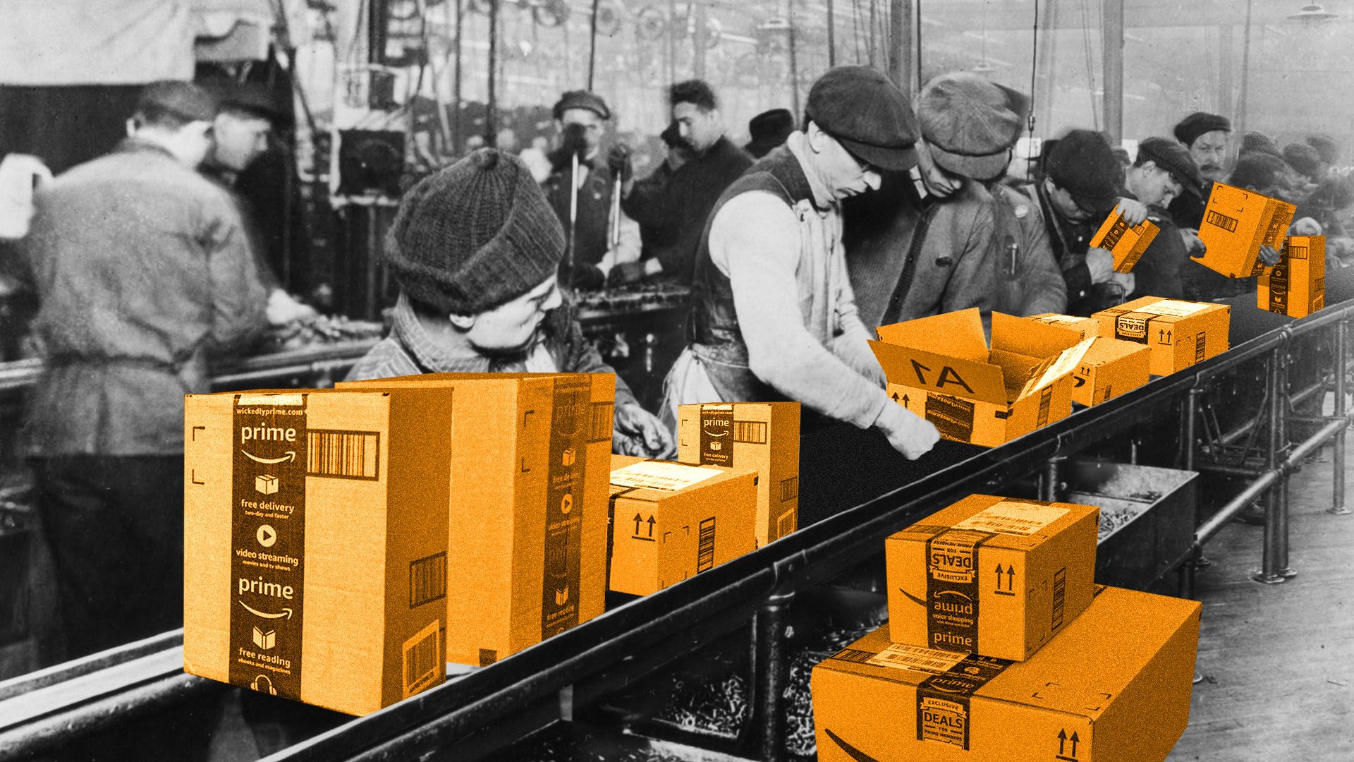 Illustration of turn-of-the-century factory workers processing Amazon packages