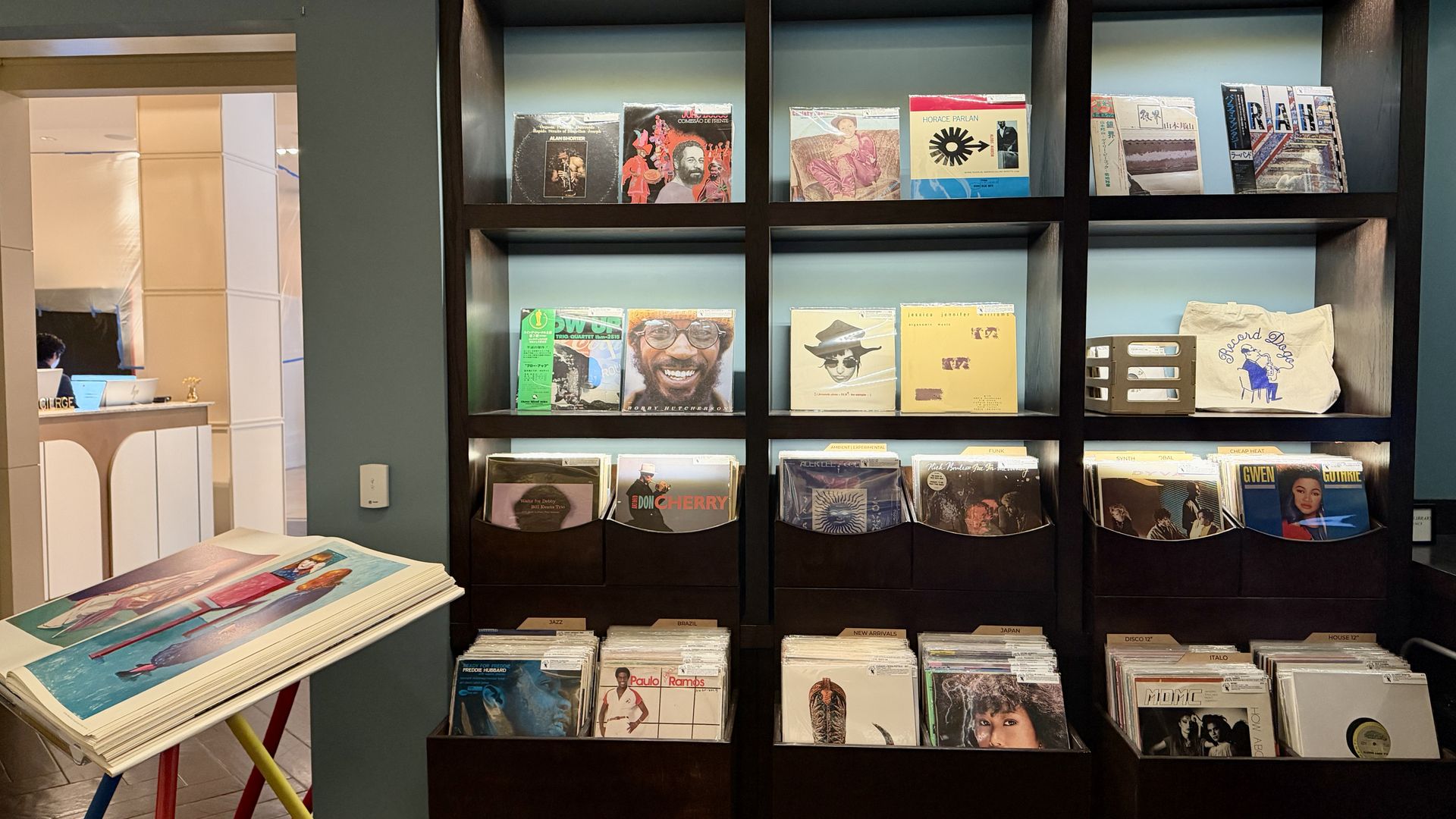Wall of vinyl records in dark wood shelves with teal backing; colorful album covers line each compartment, plus a tote bag reading "Board Dog" on the right and a magazine table in the foreground.