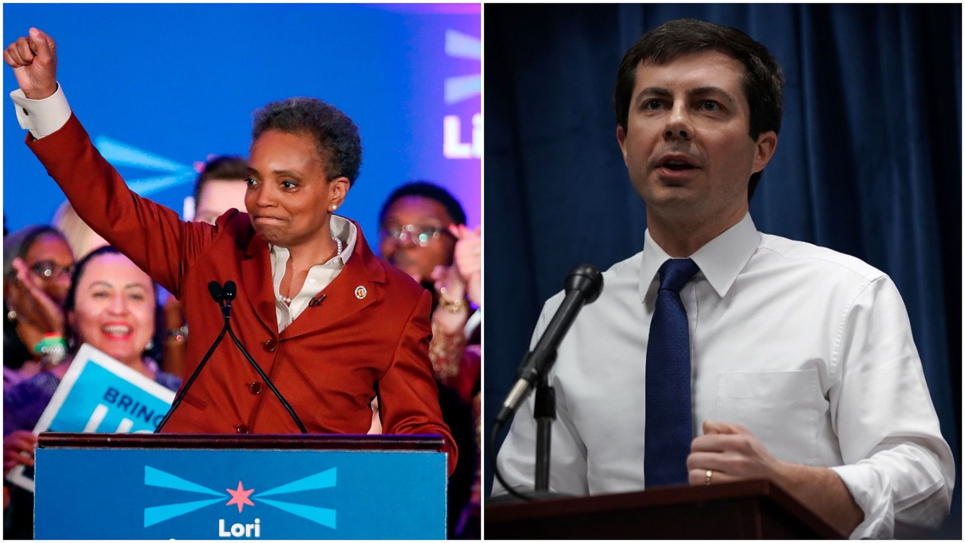 This is a splitscreen image. On the left, Lori Lightfoot raises a fist in victory behind a podium. On the right, pete buttigieg speaks into a micrphone. 