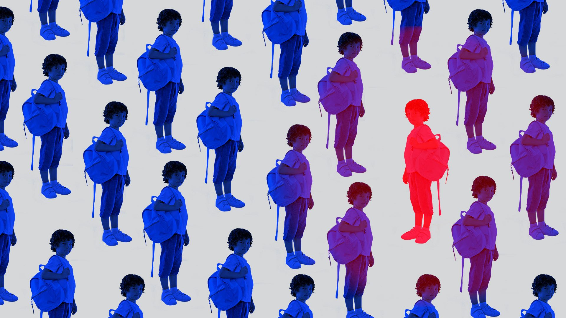 Illustration of school children standing in a room with one red, contagious student