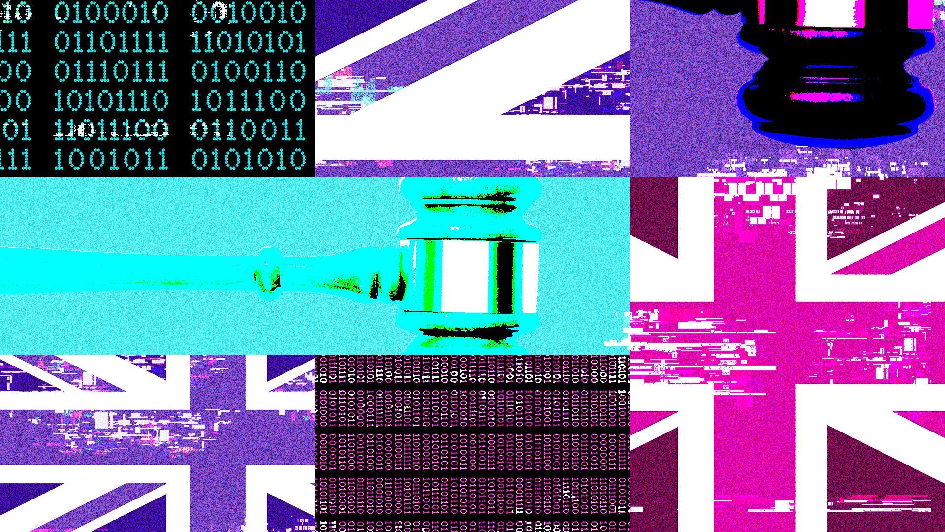 illustration of a neon colored grid with images of a gavel, the UK flag and binary code