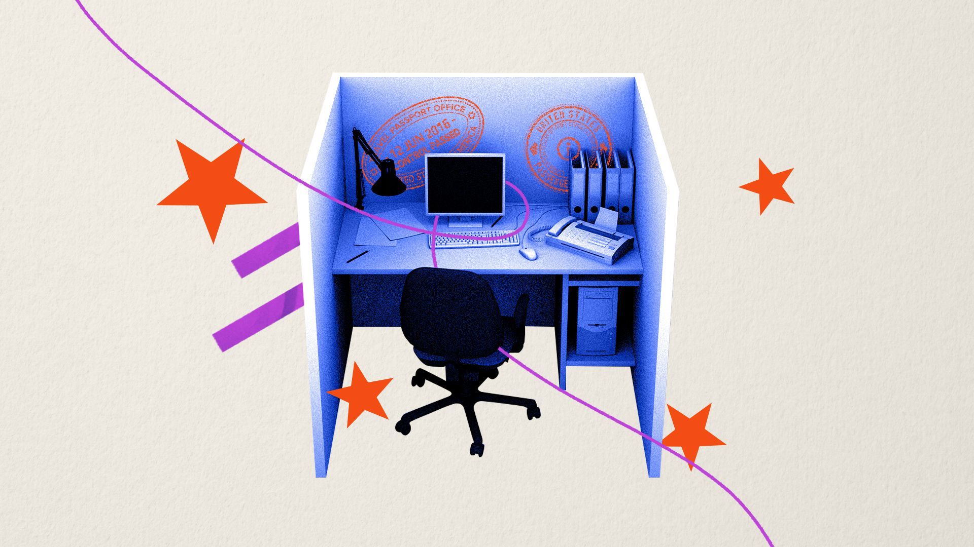 Illustrated collage of a cubicle surrounded by stars and stripes. 