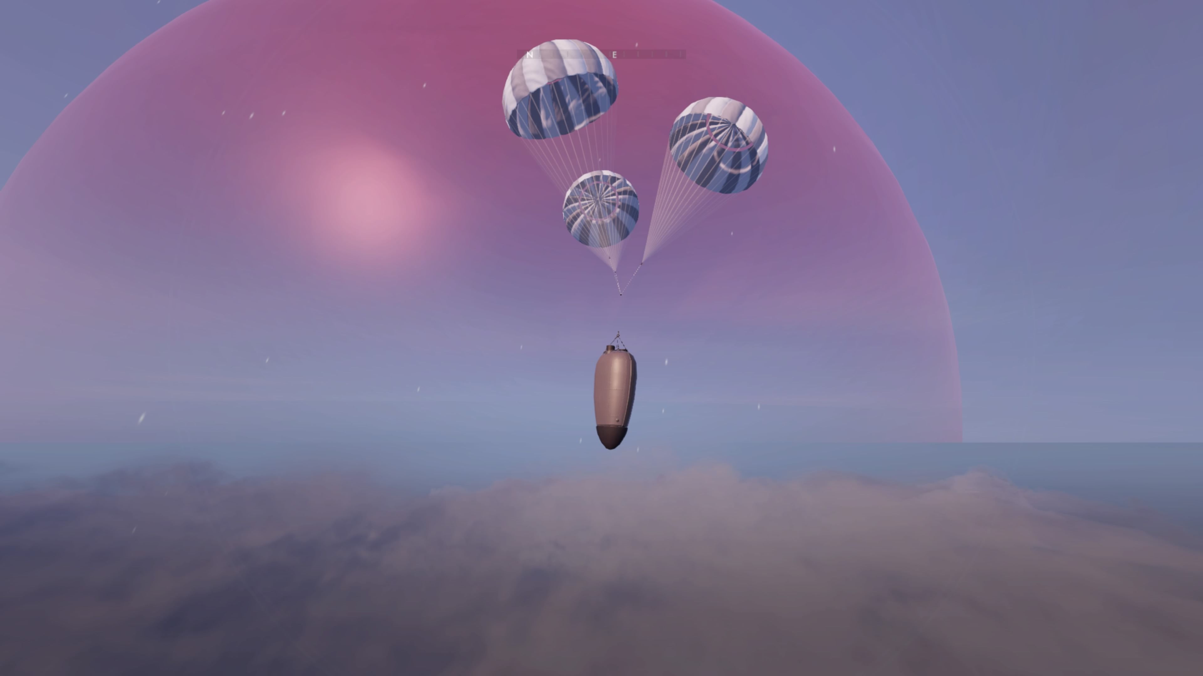 Screenshot of a space ship suspended by parachutes entering the atmosphere of an alien planet