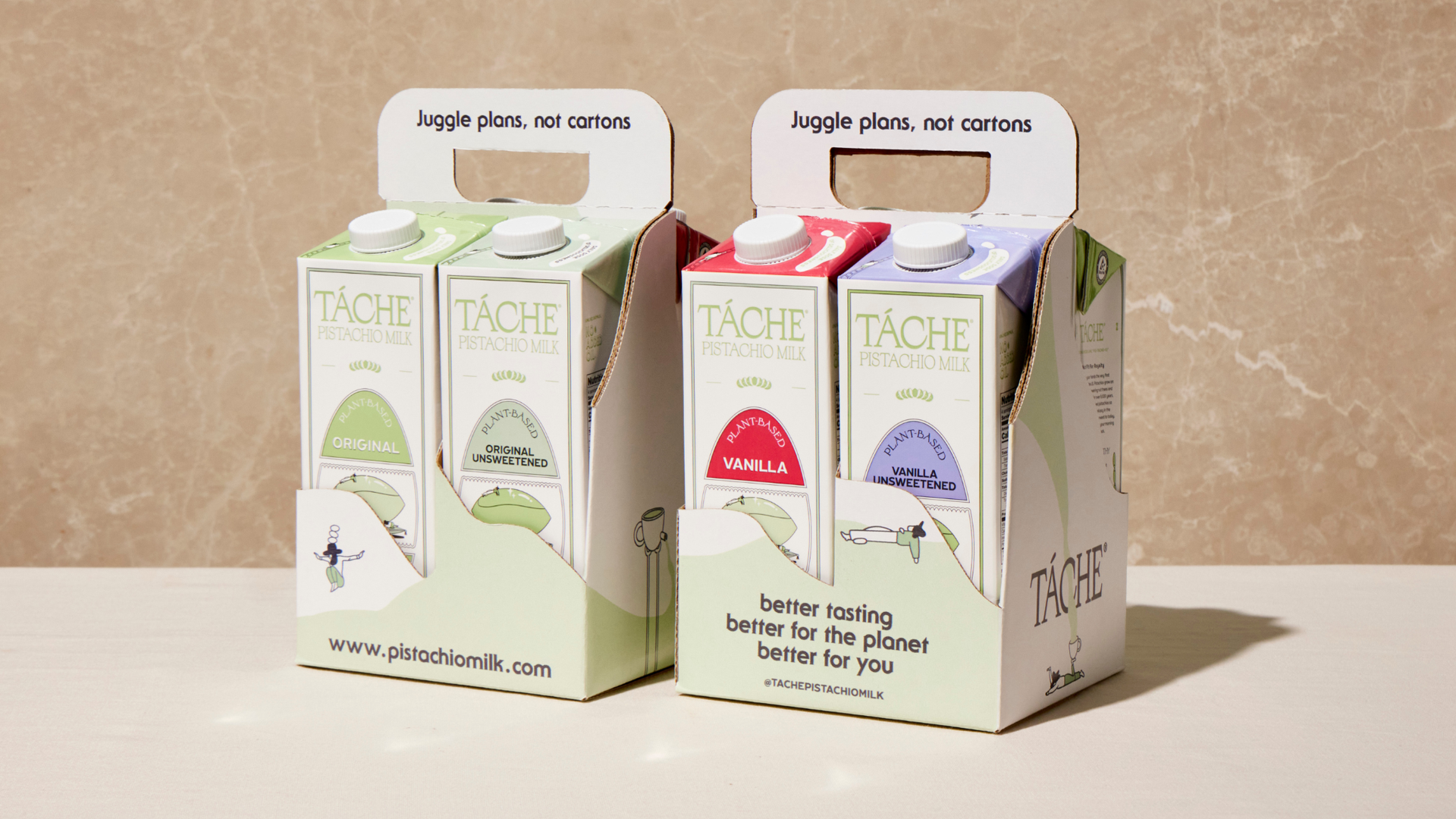 Four cartons of Táche pistachio milk.