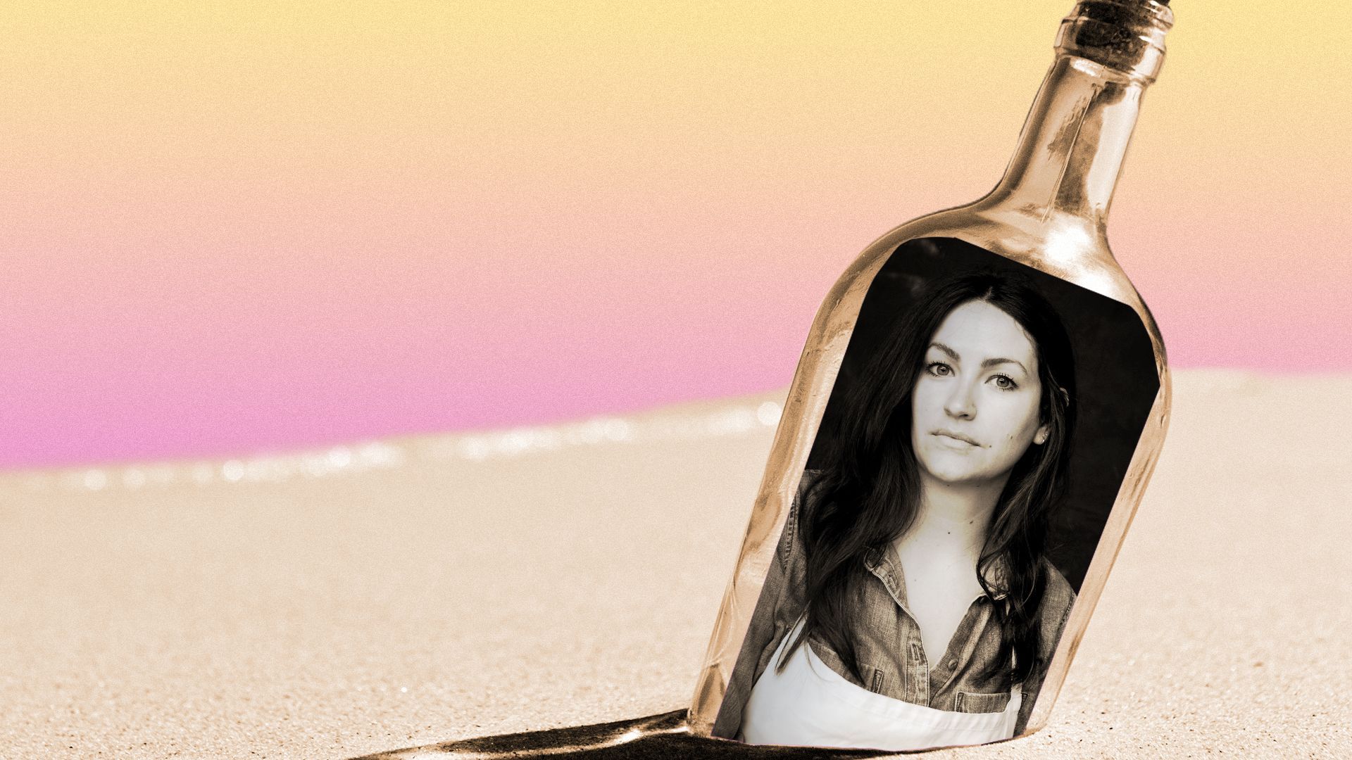 Photo illustration of Susana Querejazu on a bottle in the sand.