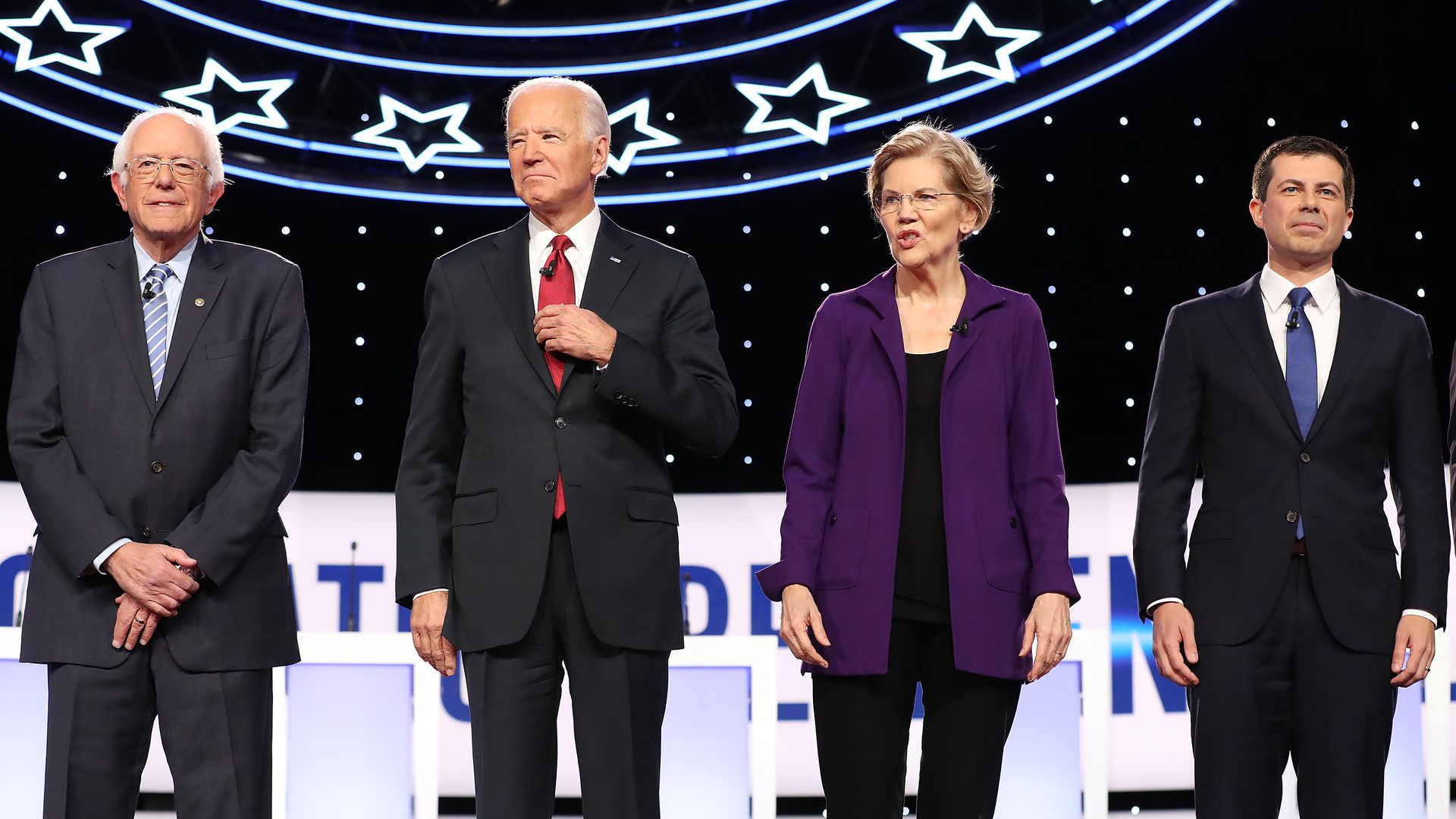 Sen. Bernie Sanders, Joe Biden, Sen. Elizabeth Warren and Pete Buttigieg at the start of the Democratic Presidential Debate at Otterbein University on October 15, 2019 in Westerville, Ohio.