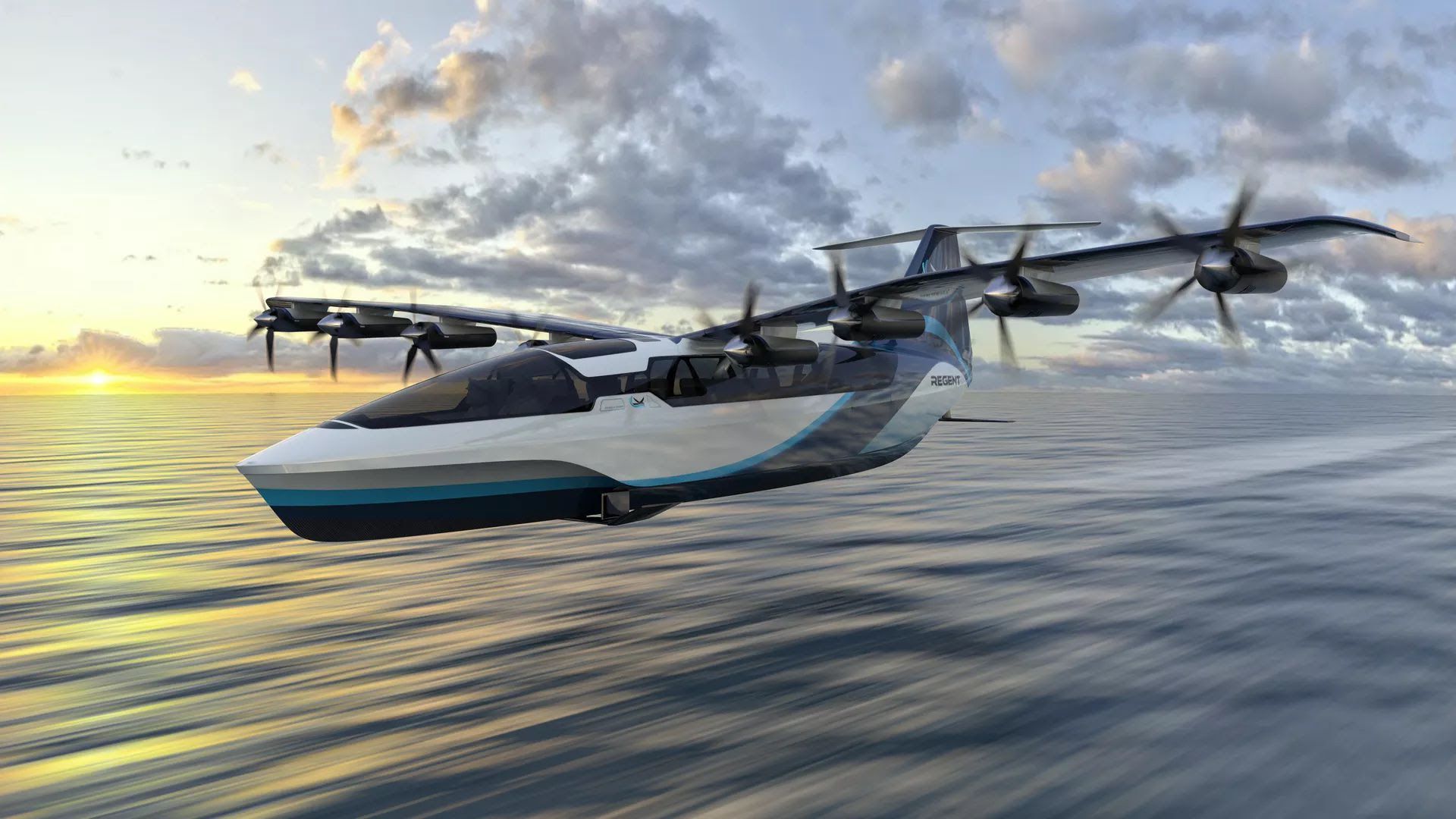 Image of Regent's Viceroy electric plane concept flying low over water