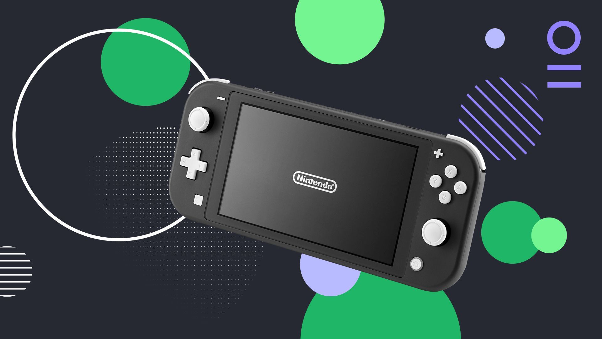 Photo illustration of a Switch console and abstract shapes.