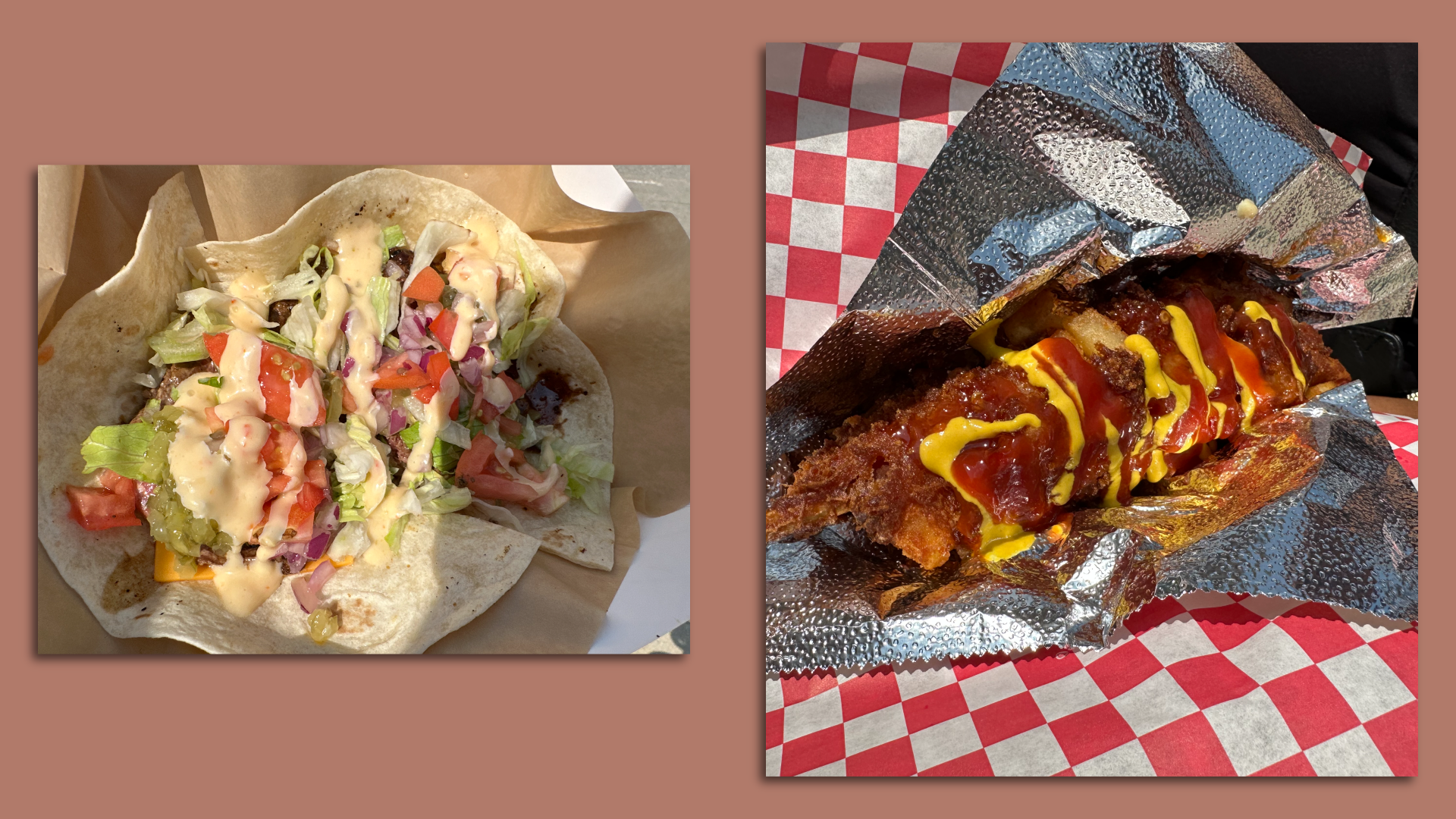 The Bison Smashburger Taco and the Korean Corn Dog. 
