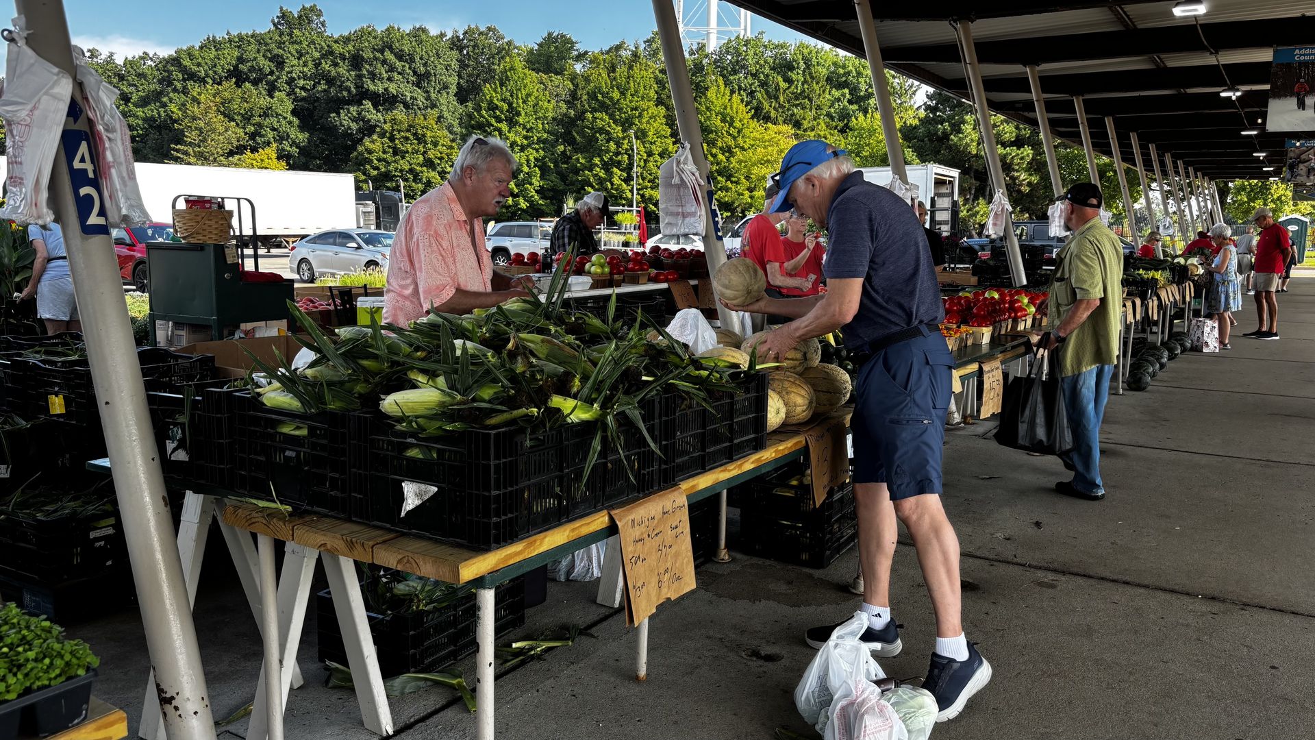 Outdoor farmers market stall with corn, melons, and tomatoes. A man in a pink shirt talks to a vendor while a blue-cap shopper selects a melon; more shoppers and greenery in the background.