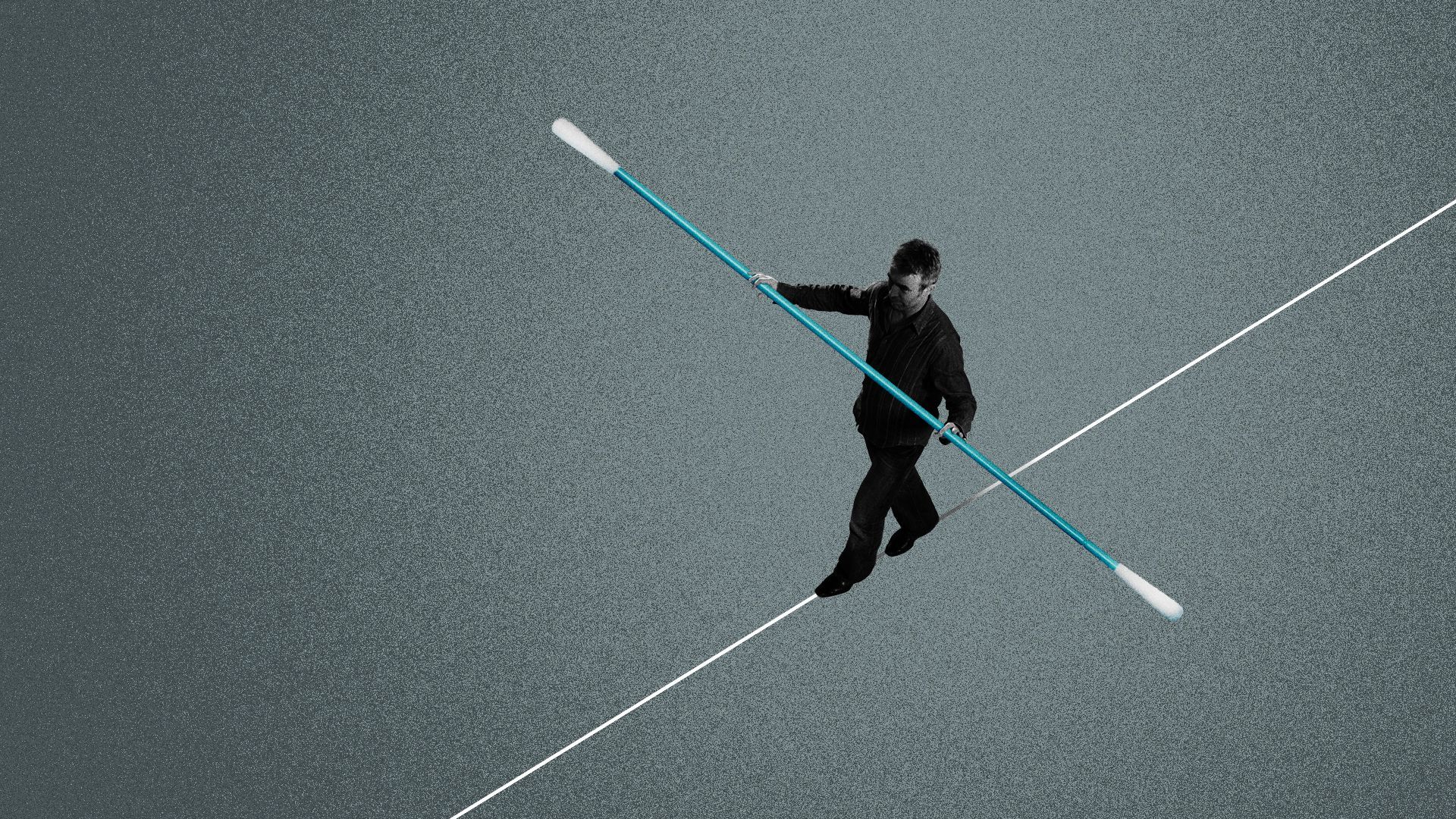 Illustration of a man walking the tight rope, using a large swab as a balancing pole.