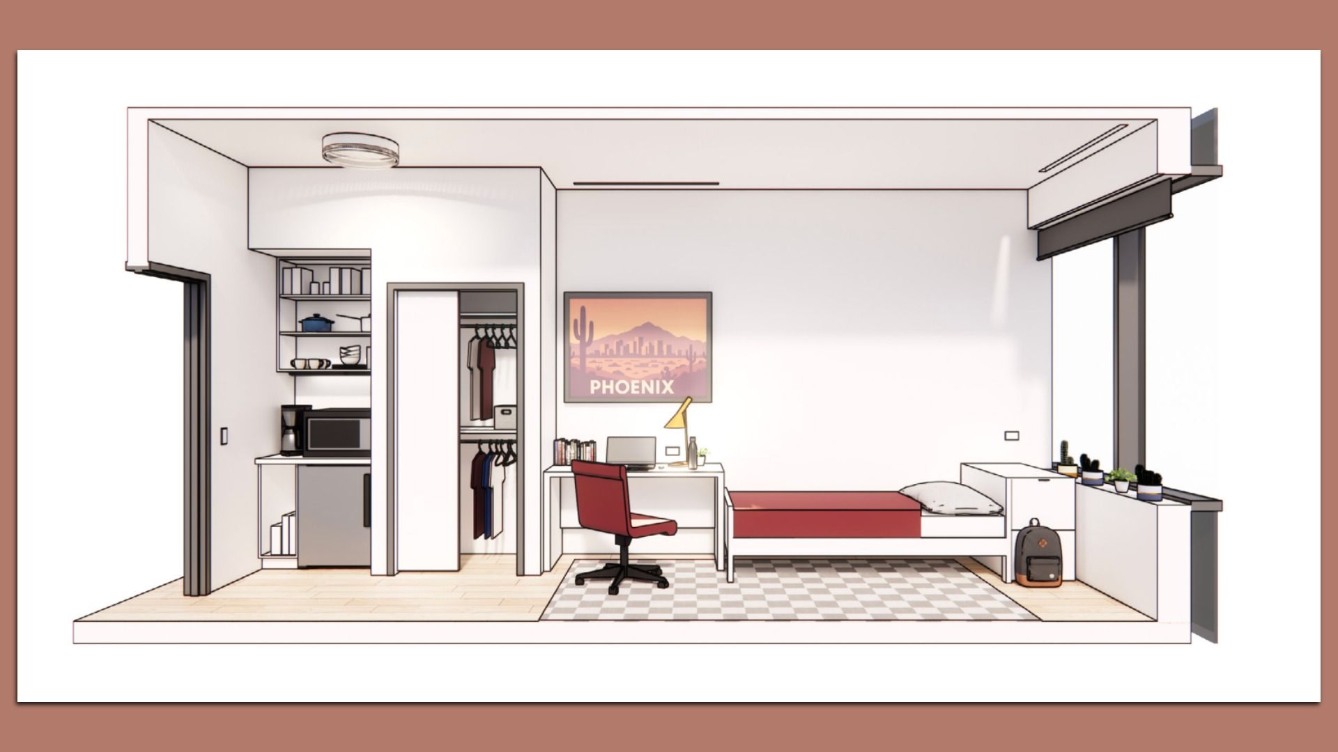 Compact modern studio with white walls, light wood floor, red chair and bed. Small kitchenette and open closet. Window with plants. Poster of Phoenix cityscape above desk.