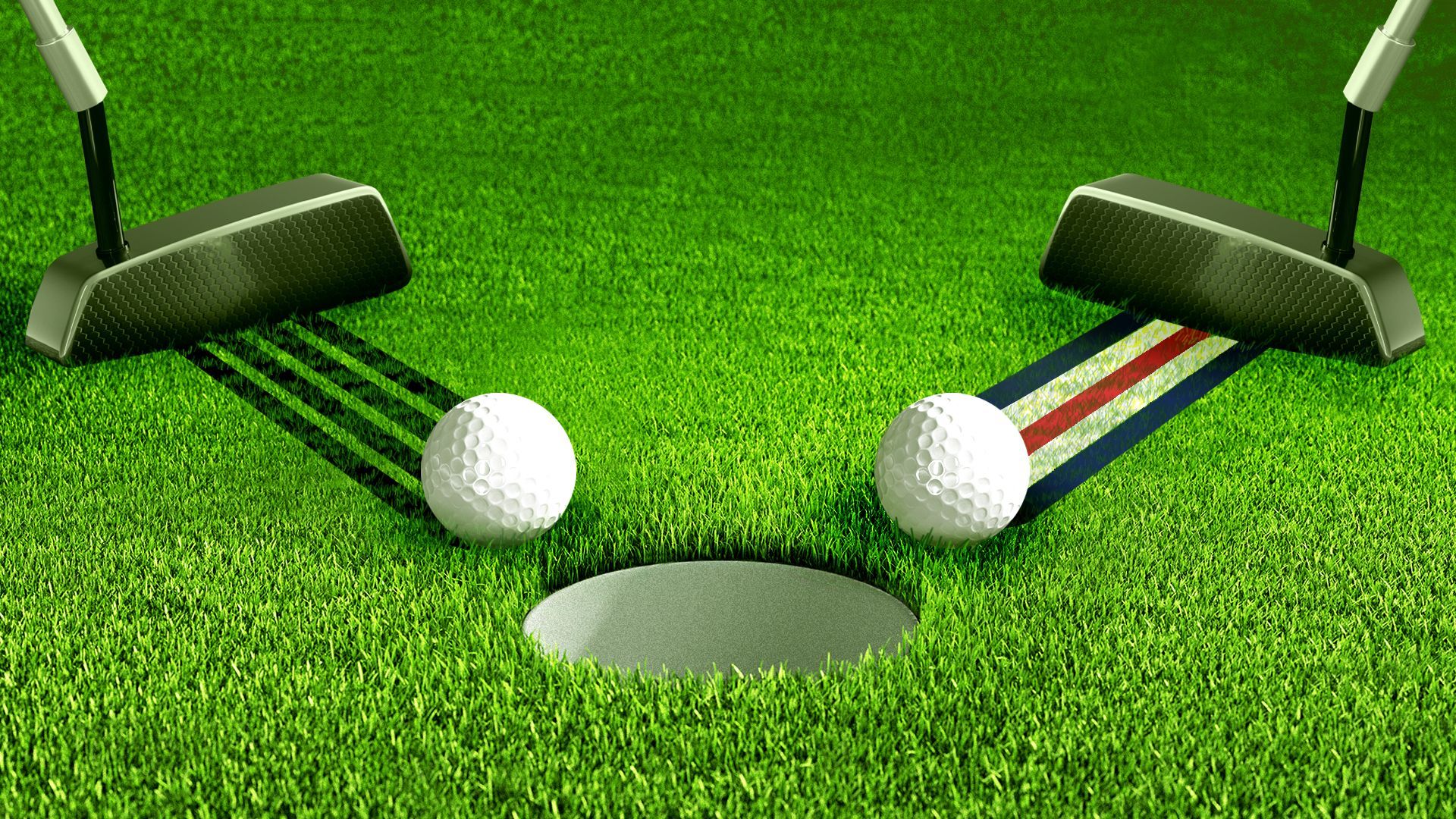 Illustration of two golf putters putting two golf balls into one centralized cup, with the LIV logo stripes trailing behind one ball, and the PGA logo colors trailing behind the other